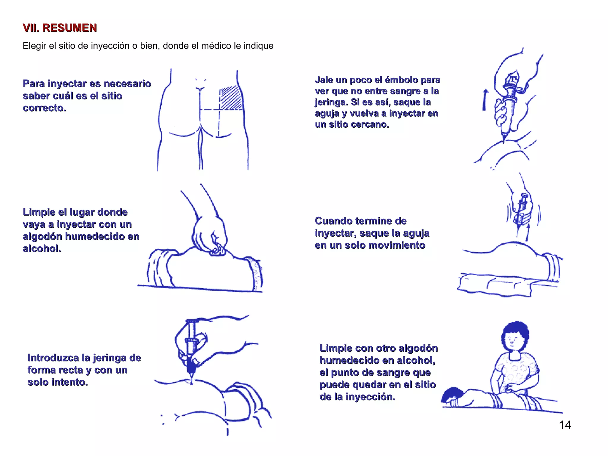VII. RESUMEN Elegir el sitio de inyección o bien, donde el médico le indique Para inyectar es necesario saber cuál es el sitio correcto. Limpie el lugar donde vaya a inyectar con un algodón humedecido en alcohol.  Introduzca la jeringa de forma recta y con un solo intento. Jale un poco el émbolo para ver que no entre sangre a la jeringa. Si es así, saque la aguja y vuelva a inyectar en un sitio cercano.  Cuando termine de inyectar, saque la aguja en un solo movimiento Limpie con otro algodón humedecido en alcohol, el punto de sangre que puede quedar en el sitio de la inyección.  