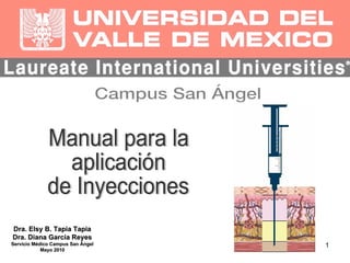 Manual para la  aplicación  de Inyecciones Dra. Elsy B. Tapia Tapia Dra. Diana García Reyes Servicio Médico Campus San Ángel Mayo 2010 
