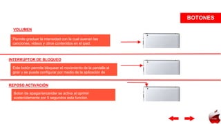 BOTONES
VOLUMEN
Permite graduar la intensidad con la cual suenan las
canciones, videos y otros contenidos en el ipad.
Boton de apagar/encender se activa al oprimir
sostenidamente por 5 segundos esta función.
REPOSO ACTIVACIÓN
INTERRUPTOR DE BLOQUEO
Este botón permite bloquear el movimiento de la pantalla al
girar y se puede configurar por medio de la aplicación de
ajustes.
HOME
 