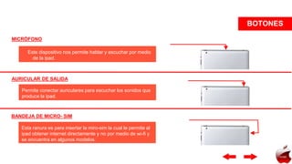 Este dispositivo nos permite hablar y escuchar por medio
de la ipad.
MICRÓFONO
Permite conectar auriculares para escuchar los sonidos que
produce la ipad.
AURICULAR DE SALIDA
Esta ranura es para insertar la miro-sim la cual le permite al
ipad obtener internet directamente y no por medio de wi-fi y
se encuentra en algunos modelos.
BANDEJA DE MICRO- SIM
BOTONES
HOME
 