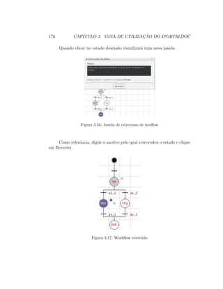176 CAP´ITULO 3. GUIA DE UTILIZAC¸ ˜AO DO IPORTALDOC
Quando clicar no estado desejado visualizar´a uma nova janela.
Figura 3.16: Janela de retrocesso de worﬂow
Como referˆencia, digite o motivo pelo qual retrocedeu o estado e clique
em Reverter.
Figura 3.17: Workﬂow revertido
 