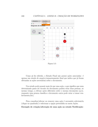 240 CAP´ITULO 5. ANEXO B - CRIAC¸ ˜AO DE WORKFLOWS
Figura 5.5:
Como j´a foi referido, o Estado Final n˜ao possui a¸c˜oes associadas: ´e
apenas um estado de arquivo/armazenamento ﬁnal que indica que j´a foram
efetuadas as a¸c˜oes necess´arias sobre o documento.
Um estado pode possuir mais do que uma a¸c˜ao, o que signiﬁca que num
determinado passo do circuito do documento podem estar duas pessoas, ao
mesmo tempo, a efetuar a¸c˜oes diferentes sobre o mesmo documento (p.ex.
enquanto uma pessoa classiﬁca o documento outra pode estar a tomar con-
hecimento/ler).
Para consultar/alterar ou remover uma a¸c˜ao ´e necess´ario selecion´a-la
(clique no quadrado) e selecionar a op¸c˜ao pretendida no menu A¸c˜oes.
Exemplo de cria¸c˜ao/altera¸c˜ao de uma a¸c˜ao no estado Notiﬁca¸c˜ao:
 