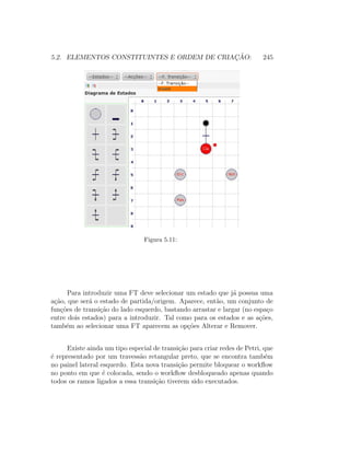 5.2. ELEMENTOS CONSTITUINTES E ORDEM DE CRIAC¸ ˜AO: 245
Figura 5.11:
Para introduzir uma FT deve selecionar um estado que j´a possua uma
a¸c˜ao, que ser´a o estado de partida/origem. Aparece, ent˜ao, um conjunto de
fun¸c˜oes de transi¸c˜ao do lado esquerdo, bastando arrastar e largar (no espa¸co
entre dois estados) para a introduzir. Tal como para os estados e as a¸c˜oes,
tamb´em ao selecionar uma FT aparecem as op¸c˜oes Alterar e Remover.
Existe ainda um tipo especial de transi¸c˜ao para criar redes de Petri, que
´e representado por um travess˜ao retangular preto, que se encontra tamb´em
no painel lateral esquerdo. Esta nova transi¸c˜ao permite bloquear o workﬂow
no ponto em que ´e colocada, sendo o workﬂow desbloqueado apenas quando
todos os ramos ligados a essa transi¸c˜ao tiverem sido executados.
 