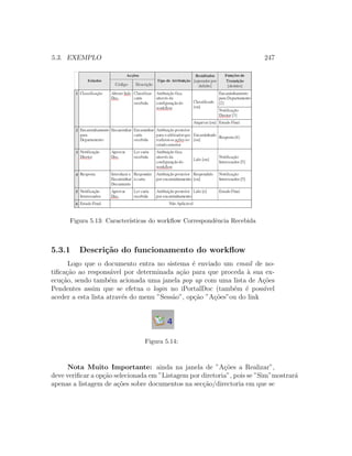 5.3. EXEMPLO 247
Figura 5.13: Caracter´ısticas do workﬂow Correspondˆencia Recebida
5.3.1 Descri¸c˜ao do funcionamento do workﬂow
Logo que o documento entra no sistema ´e enviado um email de no-
tiﬁca¸c˜ao ao respons´avel por determinada a¸c˜ao para que proceda `a sua ex-
ecu¸c˜ao, sendo tamb´em acionada uma janela pop up com uma lista de A¸c˜oes
Pendentes assim que se efetua o login no iPortalDoc (tamb´em ´e poss´ıvel
aceder a esta lista atrav´es do menu ”Sess˜ao”, op¸c˜ao ”A¸c˜oes”ou do link
Figura 5.14:
Nota Muito Importante: ainda na janela de ”A¸c˜oes a Realizar”,
deve veriﬁcar a op¸c˜ao selecionada em ”Listagem por diretoria”, pois se ”Sim”mostrar´a
apenas a listagem de a¸c˜oes sobre documentos na sec¸c˜ao/directoria em que se
 
