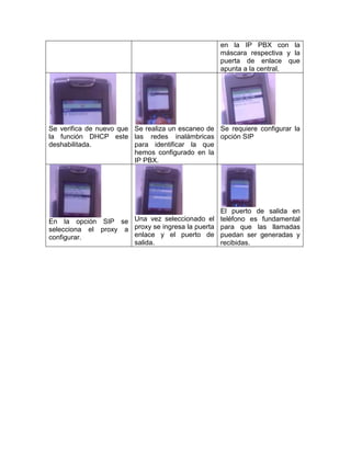 en la IP PBX con la
                                                   máscara respectiva y la
                                                   puerta de enlace que
                                                   apunta a la central.




Se verifica de nuevo que Se realiza un escaneo de Se requiere configurar la
la función DHCP este las redes inalámbricas opción SIP
deshabilitada.           para identificar la que
                         hemos configurado en la
                         IP PBX.




                                                   El puerto de salida en
En la opción SIP se Una vez seleccionado el        teléfono es fundamental
selecciona el proxy a proxy se ingresa la puerta   para que las llamadas
configurar.           enlace y el puerto de        puedan ser generadas y
                      salida.                      recibidas.
 