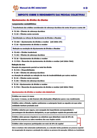 Manual de IRC 2006/2007 11 D
IMPOSTO SOBRE O RENDIMENTO DAS PESSOAS COLECTIVAS
IMPOSTO SOBRE O RENDIMENTO DAS PESSOAS COLECTIVAS
Lançamentos contabilísticos
Lançamentos contabilísticos
Ajustamentos de dívidas de clientes
Ajustamentos de dívidas de clientes
Transferência dos créditos considerados de cobrança duvidosa da conta 211 para a conta 218
D: 218 – Clientes de cobrança duvidosa
C: 211 – Clientes conta-corrente
Constituição ou reforço do Ajustamento de Dívidas a Receber
D: 666 – Ajustamentos de dívidas a receber (até 2004: 671)
C: 28 – Ajustamentos de dívidas a receber
Redução ou anulação do Ajustamento de Dívidas a Receber
D: 692 – Dívidas incobráveis
C: 218 – Clientes de cobrança duvidosa
D: 28 – Ajustamentos de dívidas a receber
C: 7722 – Reversões de ajustamentos de dividas a receber (até 2004: 7962)
Redução de risco
Redução de risco
Situação de pagamento parcial ou total da dívida
D: 11/12 – Disponibilidades
C: 218 – Clientes de cobrança duvidosa
ou situação de extinção ou redução do risco de incobrabilidade por outros motivos
D: 211 – Clientes conta-corrente
C: 218 – Clientes de cobrança duvidosa
D: 28 – Ajustamentos de dívidas a receber
C: 7722 – Reversões de ajustamentos de dividas a receber (até 2004: 7962)
Ajustamentos de dívidas a receber não dedutíveis
Ajustamentos de dívidas a receber não dedutíveis
Ajustamentos de dívidas a receber não dedutíveis
Créditos em mora £ 6 meses
ou mora > 6 meses, se não tiverem sido efectuadas diligências para o seu recebimento
Créditos sobre o Estado, regiões autónomas e autarquias locais ou aqueles em que estas
entidades tenham prestado aval
Créditos cobertos por seguro, com excepção da importância correspondente à
percentagem de descoberto obrigatório, ou por qualquer espécie de garantia real
Créditos sobre pessoas singulares ou colectivas que detenham mais de 10% do
capital da empresa ou sobre membros dos seus órgãos sociais
Créditos sobre empresas participadas em mais de 10% do capital
Salvo se tenham sido reclamados judicialmente, ou o devedor tenha pendente um processo especial
de recuperação de empresa e protecção de credores ou processo de execução, falência ou insolvência
 