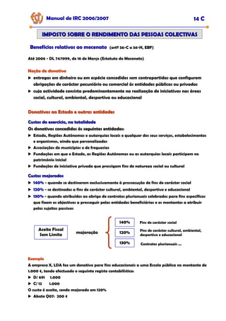 Manual de IRC 2006/2007 14 C
IMPOSTO SOBRE O RENDIMENTO DAS PESSOAS COLECTIVAS
IMPOSTO SOBRE O RENDIMENTO DAS PESSOAS COLECTIVAS
Benefícios relativos ao mecenato
Benefícios relativos ao mecenato
Benefícios relativos ao mecenato (artº 56-C a 56-H, EBF)
Noção de donativo
Noção de donativo
Noção de donativo
entregas em dinheiro ou em espécie concedidos sem contrapartidas que configurem
obrigações de carácter pecuniário ou comercial às entidades públicas ou privadas
cuja actividade consista predominantemente na realização de iniciativas nas áreas
social, cultural, ambiental, desportiva ou educacional
Donativos ao Estado e outras entidades
Donativos ao Estado e outras entidades
Custos do exercício, na totalidade
Custos do exercício, na totalidade
Os donativos concedidos às seguintes entidades:
Os donativos concedidos às seguintes entidades:
Os donativos concedidos às seguintes entidades:
Estado, Regiões Autónomas e autarquias locais e qualquer dos seus serviços, estabelecimentos
e organismos, ainda que personalizados
Associações de municípios e de freguesias
Fundações em que o Estado, as Regiões Autónomas ou as autarquias locais participem no
património inicial
Fundações de iniciativa privada que prossigam fins de natureza social ou cultural
Custos majorados
Custos majorados
140%
140%
140% - quando se destinarem exclusivamente à prossecução de fins de carácter social
120%
120%
120% - se destinados a fins de carácter cultural, ambiental, desportivo e educacional
130%
130%
130% - quando atribuídos ao abrigo de contratos plurianuais celebrados para fins específicos
que fixem os objectivos a prosseguir pelas entidades beneficiárias e os montantes a atribuir
pelos sujeitos passivos
Até 2006 - DL 74/1999, de 16 de Março (Estatuto do Mecenato)
Aceite Fiscal
Sem Limite majoração
140%
120%
130%
Fins de carácter social
Fins de carácter cultural, ambiental,
desportivo e educacional
Contratos plurianuais ...
Exemplo
Exemplo
Exemplo
A empresa X, LDA fez um donativo para fins educacionais a uma Escola pública no montante de
1.000 €, tendo efectuado o seguinte registo contabilístico:
D/ 691 1.000
C/ 12 1.000
O custo é aceite, sendo majorado em 120%
Abate Q07: 200 €
 