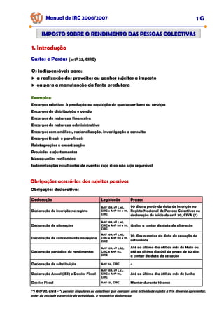 Manual de IRC 2006/2007 1 G
IMPOSTO SOBRE O RENDIMENTO DAS PESSOAS COLECTIVAS
IMPOSTO SOBRE O RENDIMENTO DAS PESSOAS COLECTIVAS
1. Introdução
Custos e Perdas (artº 23, CIRC)
Os indispensáveis para:
a realização dos proveitos ou ganhos sujeitos a imposto
ou para a manutenção da fonte produtora
Exemplos:
Encargos relativos à produção ou aquisição de quaisquer bens ou serviços
Encargos de distribuição e venda
Encargos de natureza financeira
Encargos de natureza administrativa
Encargos com análises, racionalização, investigação e consulta
Encargos fiscais e parafiscais
Reintegrações e amortizações
Provisões e ajustamentos
Menos-valias realizadas
Indemnizações resultantes de eventos cujo risco não seja segurável
Obrigações acessórias dos sujeitos passivos
Obrigações declarativas
Declaração Legislação Prazos
Declaração de inscrição no registo
Artº 109, nº 1, a),
CIRC e Artº 110 e 111,
CIRC
90 dias a partir da data de inscrição no
Registo Nacional de Pessoas Colectivas ou
declaração de início do artº 30, CIVA (*)
Declaração de alterações
Artº 109, nº 1, a),
CIRC e Artº 110 e 111,
CIRC
15 dias a contar da data da alteração
Declaração de cancelamento no registo
Artº 109, nº 1, a),
CIRC e Artº 110 e 111,
CIRC
30 dias a contar da data da cessação da
actividade
Declaração periódica de rendimentos
Artº 109, nº 1, b),
CIRC e Artº 112,
CIRC
Até ao último dia útil do mês de Maio ou
até ao último dia útil do prazo de 30 dias
a contar da data da cessação
Declaração de substituição Artº 114, CIRC -
Declaração Anual (IES) e Dossier Fiscal
Artº 109, nº 1, c),
CIRC e Artº 113,
CIRC
Até ao último dia útil do mês de Junho
Dossier Fiscal Artº 121, CIRC Manter durante 10 anos
(*) Artº 30, CIVA - “s pessoas singulares ou colectivas que exerçam uma actividade sujeita a IVA deverão apresentar,
antes de iniciado o exercício da actividade, a respectiva declaração
 