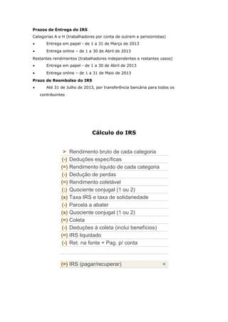 Prazos de Entrega do IRS 
Categorias A e H (trabalhadores por conta de outrem e pensionistas) 
· Entrega em papel - de 1 a 31 de Março de 2013 
· Entrega online – de 1 a 30 de Abril de 2013 
Restantes rendimentos (trabalhadores independentes e restantes casos) 
· Entrega em papel - de 1 a 30 de Abril de 2013 
· Entrega online – de 1 a 31 de Maio de 2013 
Prazo de Reembolso do IRS 
· Até 31 de Julho de 2013, por transferência bancária para todos os 
contribuintes 
Cálculo do IRS 
> Rendimento bruto de cada categoria 
(-) Deduções específicas 
(=) Rendimento líquido de cada categoria 
(-) Dedução de perdas 
(=) Rendimento coletável 
(:) Quociente conjugal (1 ou 2) 
(x) Taxa IRS e taxa de solidariedade 
(-) Parcela a abater 
(x) Quociente conjugal (1 ou 2) 
(=) Coleta 
(-) Deduções à coleta (inclui benefícios) 
(=) IRS liquidado 
(-) Ret. na fonte + Pag. p/ conta 
(=) IRS (pagar/recuperar) < 
 