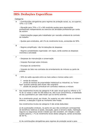 IRS: Deduções Específicas 
Categoria 
A - Contribuições obrigatórias para regimes de proteção social, ou, se superior, 
72% x 12 x IAS 
- Elevação para 75% x 12 x IAS existindo quotas para associações 
profissionais indispensáveis ao exercício de atividade profissional por conta 
de outrem 
- Indemnizações pagas pelo trabalhador por rescisão unilateral do contrato 
de trabalho 
- Quotas para sindicatos, até 1% do rendimento bruto, acrescidas de 50% 
B 
- Regime simplificado: não há deduções de despesas 
- Regime contabilidade organizada: em regra, serão aceites as despesas 
inerentes à atividade 
F 
- Despesas de manutenção e conservação 
- Imposto Municipal sobre Imóveis 
- Encargos de condomínio 
- Imposto do Selo nos contratos de arrendamento de imóveis ou parte de 
prédios 
G 
- 50% do saldo apurado entre as mais-valias e menos-valias com: 
* venda de imóveis 
* venda de direitos de propriedade intelectual ou industrial, ou "know-how" 
quando auferido pelo titular não originário 
* cessão de posição contratual em contratos relativos a imóveis 
H Aos rendimentos brutos da categoria H de valor anual igual ou inferior a 72 
% de 12 vezes o valor do IAS deduz-se, até à sua concorrência, a totalidade 
do seu quantitativo por cada titular que os tenha auferido. 
Se o rendimento anual, por titular, for superior ao valor referido no número 
anterior, a dedução é igual ao montante nele fixado. 
Aos rendimentos brutos da categoria H são ainda deduzidas: 
a) As quotizações sindicais, na parte em que não constituam contrapartida 
de benefícios relativos à saúde, educação, apoio à terceira idade, habitação, 
seguros ou segurança social e desde que não excedam, em relação a cada 
sujeito passivo, 1 % do rendimento bruto desta categoria, sendo acrescidas 
de 50 %; 
b) As contribuições obrigatórias para regimes de proteção social e para 
 