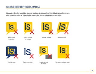 Alteração das 
proporções 
Marca achatada 
ou esticada 
Símbolo invertido Marca inclinada 
Troca de cores Marca incompleta Invasão da área 
de respiro 
Marca sem contraste visual 
14 
USOS INCORRETOS DA MARCA 
Quando não são seguidas as orientações do Manual da Identidade Visual ocorrem 
distorções da marca. Veja alguns exemplos de usos incorretos da marca: 
 