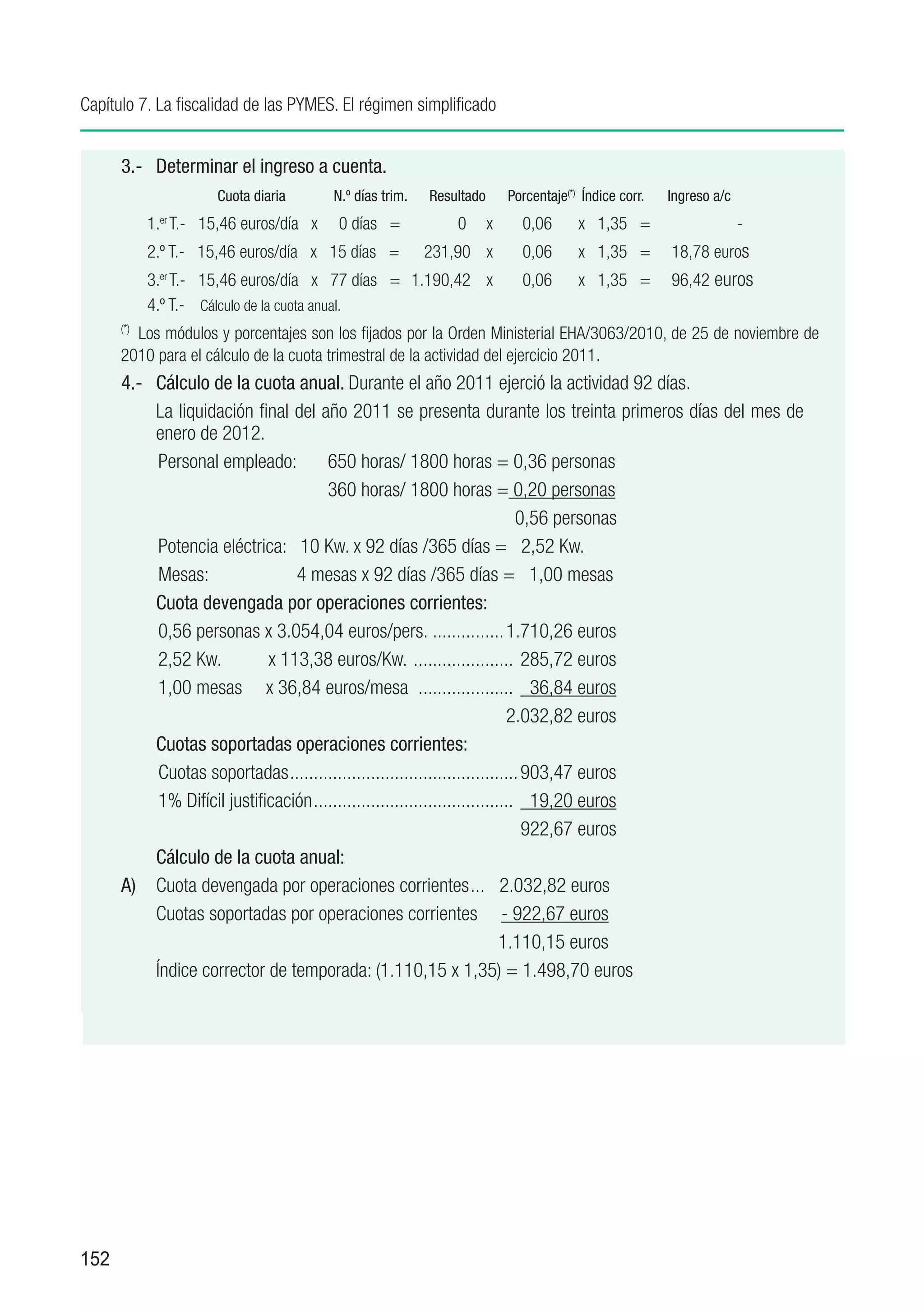 Capítulo 7. La fiscalidad de las PYMES. El régimen simplificado


      3.-	 Determinar el ingreso a cuenta.
      Ejemplo:
       Don R.H.G. ejerce diaria
                      Cuota
                            la actividad de heladería, estando Porcentaje Índice corr.	 Ingreso676 del I.A.E.
                                         N.º días trim. Resultado
                                                                             matriculado en el epígrafe a/c
                                                                          (*)



       durante los15,46 euros/día x Todos los años comienza la actividad 1,35 =	 junio finalizándola el
           1. T.- meses de verano. 0 días =	
             er
                                                                  0	 x          0,06	 x el 15 de            -
       15 de T.- 15,46 euros/día x 15 días =	 231,90	 x 0,06	 x 1,35 = 18,78 euros
           2.º septiembre.
       Los3.er T.- de su actividad en el ejercicio 	2009 fueron los 0,06	 x 1,35 = 96,42 euros
            datos 15,46 euros/día x 77 días = 1.190,42	 x                       siguientes:
       -	 4.º T.-	 Cálculopersonas anual.
             Número de de la cuota empleadas: 1 persona trabajando 650 horas.
      (*)
         	
       -	 LosPotencia eléctrica: 10 son los fijados por la Orden Ministerial EHA/3063/2010, de 25 de noviembre de
              módulos y porcentajes Kw. contratados.
      2010 Mesas:cálculo de la cuota trimestral de la actividad del ejercicio 2011.
       -	 para el 4 mesas de 4 personas.
      4.-	 datos de de actividad anual. Durante el año 2011 ejerció son los siguientes:
       Los Cálculo la la cuota correspondientes al ejercicio 2010 la actividad 92 días.
       -	 La liquidación final del año 2011 se presenta durante los una persona media jornada, que
             Además de las 650 horas trabajadas por él, contrata a treinta primeros días del mes de
       realiza un total2012. horas.
             enero de de 360
       -	 La potencia eléctrica y el650 horas/ 1800 horasel=mismopersonas
             Personal empleado:	         número de mesas es 0,36 que durante el año anterior.
       -	 Las cuotas soportadas por operaciones corrientes 0,20 personas
                            		          360 horas/ 1800 horas = ascienden a 903,47 euros.
                                                       		                     0,56 personas
       Determinar los ingresos a cuenta y la cuota anual correspondiente al año 2010.
             Potencia eléctrica: 10 Kw. x 92 días /365 días = 2,52 Kw.
       1.-	 Determinar si la actividad es de temporada: días = 1,00 mesas
             Mesas:	                4 mesas x 92 días /365
      		 Cuota devengada por operaciones corrientes:con habitualidad durante una época del año y
             La actividad es de temporada ya que se ejerce
       su duración es inferior3.054,04 euros/pers. ............... 1.710,26 euros
             0,56 personas x	 a 180 días; en concreto, 92 días.
       2.-	 Determinación de113,38 euros/Kw. ...................... pueden determinar los datos base a 1 de
             2,52 Kw.          x	 la cuota devengada. Como no se 285,72 euros
       enero se toman los del año anterior:
             1,00 mesas x	36,84 euros/mesa .................... 36,84 euros
      			 el año 2009 ejerció. la actividad 92 días. 2.032,82 euros
       	     Durante
      		 Cuotas soportadas operaciones corrientes: 0,36 personas
             Personal empleado: 650 horas/1800 h. (*) =
       	     Potencia eléctrica: .10 Kw. x 92 días/365 días = 2,52 Kw. euros
             Cuotas soportadas. ............................................... 903,47
       	     Mesas:	 justificación..x 92 días/365 días = 1,00 mesas euros
             1% Difícil 4 mesas ......................................... 19,20
       	     (*) 1 persona no asalariada = 1800 h.                              922,67 euros
      	      Cálculo de la cuota anual:
       	     Cuota devengada anual:
      A)	 Cuota devengada por operaciones corrientes.... 2.032,82 euros
      		 Cuotas soportadas por operaciones corrientes euros
             0,36 personas x 2.714,70 =	                   977,29 - 922,67 euros
       	
      		     2,52 Kw. x 100,78 =	          253,97 euros                    1.110,15 euros
      		 Índicemesas x 32,75 =	
             1,00 corrector de temporada: (1.110,15 x 1,35) = 1.498,70 euros
                                             32,75 euros
       		 1.264,01 euros
      		




152
 