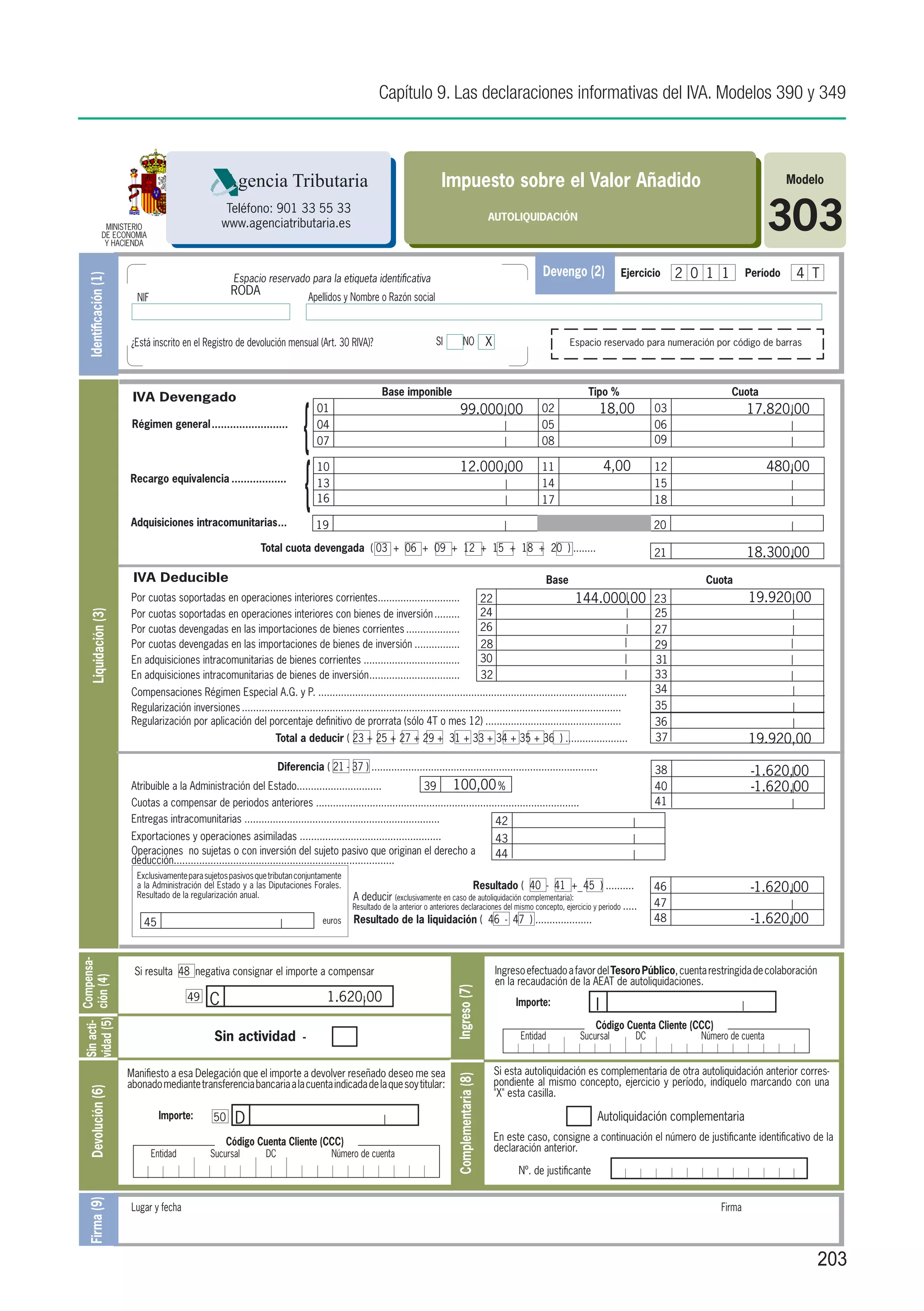 Capítulo 9. Las declaraciones informativas del IVA. Modelos 390 y 349



                                                        Agencia Tributaria                                                      Impuesto sobre el Valor Añadido                                                                            Modelo


                   MINISTERIO
                  DE ECONOMIA
                   Y HACIENDA
                                                        Teléfono: 901 33 55 33
                                                       www.agenciatributaria.es
                                                                                                                                                           AUTOLIQUIDACIÓN
                                                                                                                                                                                                                                       303
                                                           Espacio reservado para la etiqueta identificativa
                                                                                                                                                                           Devengo (2)            Ejercicio      2 0 1 1         Período    4 T
    Identificación (1)




                                                          RODA
                           NIF                                                        Apellidos y Nombre o Razón social



                          ¿Está inscrito en el Registro de devolución mensual (Art. 30 RIVA)?                                 SI           NO             X                       Espacio reservado para numeración por código de barras




                                                                                                            Base imponible                                                             Tipo %                              Cuota



                                                                                  {
                          IVA Devengado
                                                                                        01                                              99.000,00                          02                  18,00        03                   17.820,00
                          Régimen general..........................                     04                                                                                 05                               06
                                                                                        07                                                                                 08                               09




                                                                                  {
                                                                                        10                                              12.000,00                          11                  4,00         12                         480,00
                         Recargo equivalencia...................                        13                                                                                 14                               15
                                                                                        16                                                                                 17                               18

                         Adquisiciones intracomunitarias. ..
                                                        .                               19                                                                                                                  20

                                                                    Total cuota devengada ( 03 + 06 + 09 + 12 + 15 + 18 + 20 ) ........                                                                     21                   18.300,00
                          IVA Deducible                                                                                                                                     Base	                                    Cuota
                          Por cuotas soportadas en operaciones interiores corrientes.............................
                                                                                       .                                                                  22                        144.000,00              23                   19.920,00
                          Por cuotas soportadas en operaciones interiores con bienes de inversión..........	                                              24                                                25
     Liquidación (3)




                          Por cuotas devengadas en las importaciones de bienes corrientes....................	                                            26                                                27
                          Por cuotas devengadas en las importaciones de bienes de inversión.................	                                             28                                                29
                          En adquisiciones intracomunitarias de bienes corrientes...................................                                      30                                                31
                          En adquisiciones intracomunitarias de bienes de inversión. ...............................
                                                                                    .                                                                     32                                                33
                          Compensaciones Régimen Especial A.G. y P. .............................................................................................................                           34
                          Regularización inversiones.......................................................................................................................................                 35
                          Regularización por aplicación del porcentaje definitivo de prorrata (sólo 4T o mes 12).................................................                                           36
                                                                        Total a deducir ( 23 + 25 + 27 + 29 + 31 + 33 + 34 + 35 + 36 ) ......................                                               37                   19.920,00
                                                                          Diferencia ( 21 - 37 ) ................................................................................                           38                    -1.620,00
                          Atribuible a la Administración del Estado..............................                   39     100,00 %                                                                         40                    -1.620,00
                          Cuotas a compensar de periodos anteriores .............................................................................................                                           41
                          Entregas intracomunitarias .....................................................................         42
                          Exportaciones y operaciones asimiladas ..................................................                                            43
                          Operaciones no sujetas o con inversión del sujeto pasivo que originan el derecho a                                                   44
                          deducción..............................................................................
                           Exclusivamente para sujetos pasivos que tributan conjuntamente
                           a la Administración del Estado y a las Diputaciones Forales.
                           Resultado de la regularización anual.
                                                                                                                                                     Resultado ( 40 - 41 +_ 45 ) ..........                 46                    -1.620,00
                                                                                                  A deducir (exclusivamente en caso de autoliquidación complementaria):
                                                                                                  Resultado de la anterior o anteriores declaraciones del mismo concepto, ejercicio y periodo .....         47
                              45                                                         euros    Resultado de la liquidación ( 46 - 47 ) ....................                                              48                    -1.620,00
Sin acti- Compensa-




                          Si resulta 48 negativa consignar el importe a compensar                                                                              Ingreso efectuado a favor del Tesoro Público, cuenta restringida de colaboración
vidad (5) ción (4)




                                                                                                                                                               en la recaudación de la AEAT de autoliquidaciones.
                                                                                                                                     Ingreso (7)




                                            49     C                                      1.620,00                                                                  Importe:               I
                                                                                                                                                                                           Código Cuenta Cliente (CCC)
                                                    Sin actividad                 -                                                                                  Entidad         Sucursal          DC           Número de cuenta


                         Manifiesto a esa Delegación que el importe a devolver reseñado deseo me sea                                                           Si esta autoliquidación es complementaria de otra autoliquidación anterior corres-
                                                                                                                                     Complementaria (8)




                         abonado mediante transferencia bancaria a la cuenta indicada de la que soy titular:                                                   pondiente al mismo concepto, ejercicio y período, indíquelo marcando con una
    Devolución (6)




                                                                                                                                                               "X" esta casilla.

                                   Importe:         50     D                                                                                                                               Autoliquidación complementaria

                                                        Código Cuenta Cliente (CCC)                                                                            En este caso, consigne a continuación el número de justificante identificativo de la
                                                                                                                                                               declaración anterior.
                                 Entidad           Sucursal          DC                      Número de cuenta
                                                                                                                                                                     Nº. de justificante
    Firma (9)




                          Lugar y fecha											                                                                                                                                                                       Firma



                                                                                                                                                                                                                                                  203
 