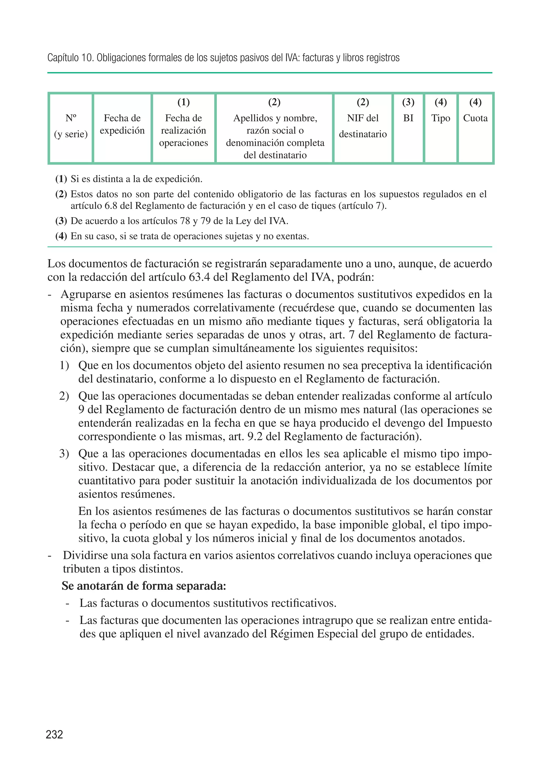 Capítulo 10. Obligaciones formales de los sujetos pasivos del IVA: facturas y libros registros



                                  (1)                     (2)                     (2)            (3)   (4)     (4)
      Nº       Fecha de       Fecha de          Apellidos y nombre,            NIF del           BI    Tipo   Cuota
 (y serie)    expedición     realización            razón social o           destinatario
                             operaciones       denominación completa
                                                   del destinatario

  (1)	Si es distinta a la de expedición.
  (2)	Estos datos no son parte del contenido obligatorio de las facturas en los supuestos regulados en el
      artículo 6.8 del Reglamento de facturación y en el caso de tiques (artículo 7).
  (3)	De acuerdo a los artículos 78 y 79 de la Ley del IVA.
  (4)	En su caso, si se trata de operaciones sujetas y no exentas.

Los documentos de facturación se registrarán separadamente uno a uno, aunque, de acuerdo
con la redacción del artículo 63.4 del Reglamento del IVA, podrán:
-	 Agruparse en asientos resúmenes las facturas o documentos sustitutivos expedidos en la
   misma fecha y numerados correlativamente (recuérdese que, cuando se documenten las
   operaciones efectuadas en un mismo año mediante tiques y facturas, será obligatoria la
   expedición mediante series separadas de unos y otras, art. 7 del Reglamento de factura-
   ción), siempre que se cumplan simultáneamente los siguientes requisitos:
   1)	 Que en los documentos objeto del asiento resumen no sea preceptiva la identificación
        del destinatario, conforme a lo dispuesto en el Reglamento de facturación.
   2)	 Que las operaciones documentadas se deban entender realizadas conforme al artículo
        9 del Reglamento de facturación dentro de un mismo mes natural (las operaciones se
        entenderán realizadas en la fecha en que se haya producido el devengo del Impuesto
        correspondiente o las mismas, art. 9.2 del Reglamento de facturación).
   3)	 Que a las operaciones documentadas en ellos les sea aplicable el mismo tipo impo-
        sitivo. Destacar que, a diferencia de la redacción anterior, ya no se establece límite
        cuantitativo para poder sustituir la anotación individualizada de los documentos por
        asientos resúmenes.
   	 En los asientos resúmenes de las facturas o documentos sustitutivos se harán constar
        la fecha o período en que se hayan expedido, la base imponible global, el tipo impo-
        sitivo, la cuota global y los números inicial y final de los documentos anotados.
-	 Dividirse una sola factura en varios asientos correlativos cuando incluya operaciones que
    tributen a tipos distintos.
    Se anotarán de forma separada:
     -	 Las facturas o documentos sustitutivos rectificativos.
     -	 Las facturas que documenten las operaciones intragrupo que se realizan entre entida-
        des que apliquen el nivel avanzado del Régimen Especial del grupo de entidades.




232
 