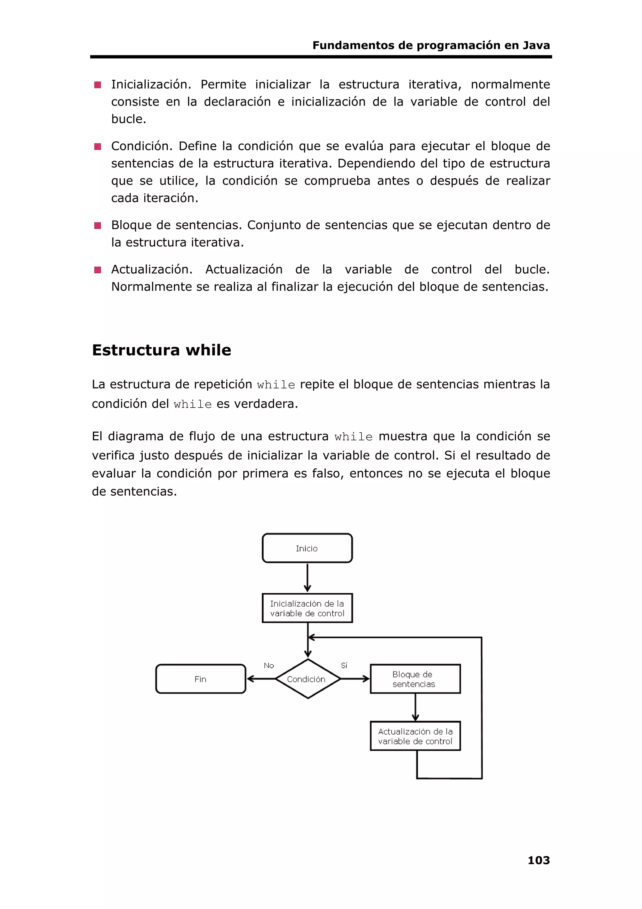 Fundamentos de programación en Java
103
Inicialización. Permite inicializar la estructura iterativa, normalmente
consiste en la declaración e inicialización de la variable de control del
bucle.
Condición. Define la condición que se evalúa para ejecutar el bloque de
sentencias de la estructura iterativa. Dependiendo del tipo de estructura
que se utilice, la condición se comprueba antes o después de realizar
cada iteración.
Bloque de sentencias. Conjunto de sentencias que se ejecutan dentro de
la estructura iterativa.
Actualización. Actualización de la variable de control del bucle.
Normalmente se realiza al finalizar la ejecución del bloque de sentencias.
Estructura while
La estructura de repetición while repite el bloque de sentencias mientras la
condición del while es verdadera.
El diagrama de flujo de una estructura while muestra que la condición se
verifica justo después de inicializar la variable de control. Si el resultado de
evaluar la condición por primera es falso, entonces no se ejecuta el bloque
de sentencias.
 