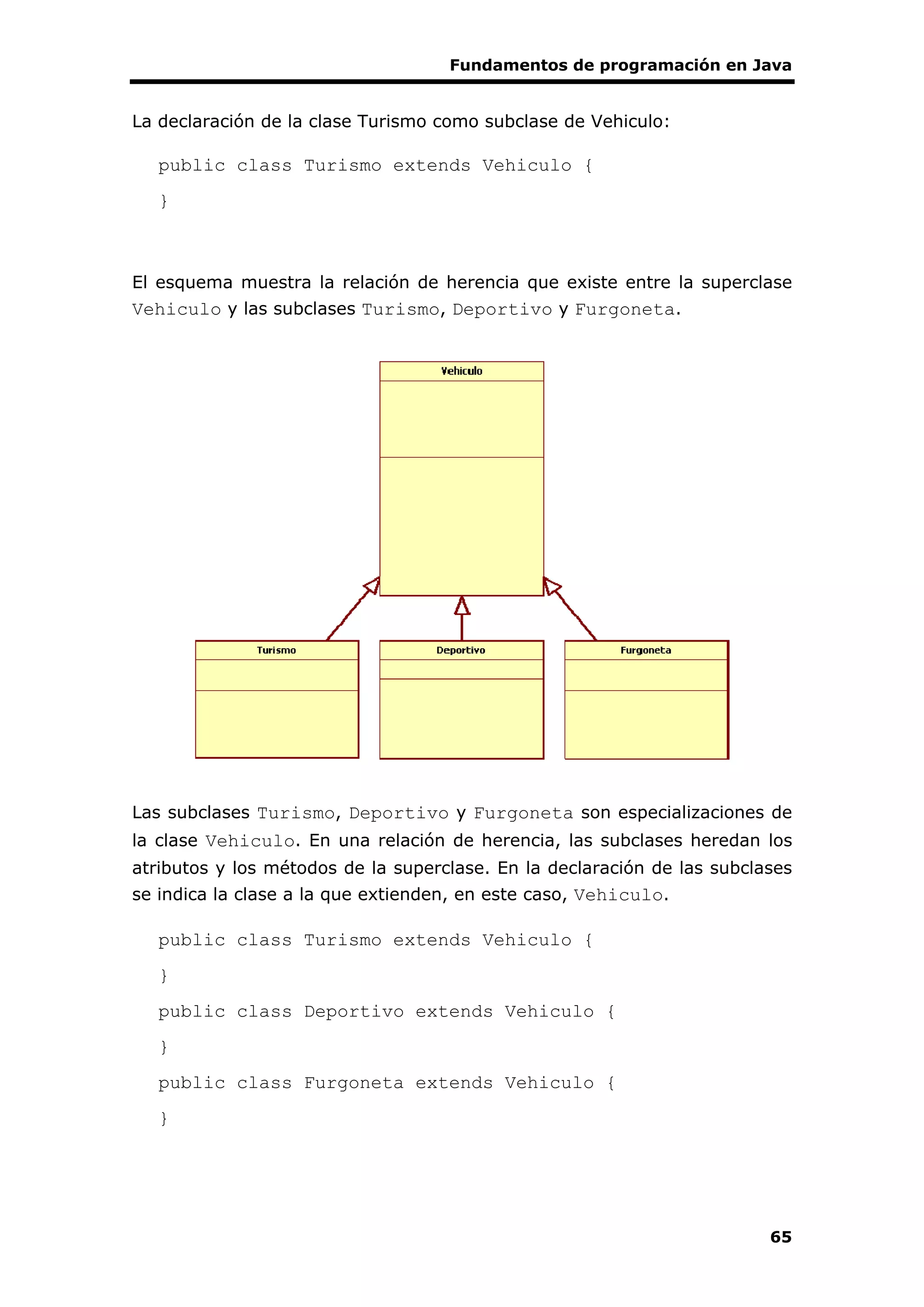 Fundamentos de programación en Java
65
La declaración de la clase Turismo como subclase de Vehiculo:
public class Turismo extends Vehiculo {
}
El esquema muestra la relación de herencia que existe entre la superclase
Vehiculo y las subclases Turismo, Deportivo y Furgoneta.
Las subclases Turismo, Deportivo y Furgoneta son especializaciones de
la clase Vehiculo. En una relación de herencia, las subclases heredan los
atributos y los métodos de la superclase. En la declaración de las subclases
se indica la clase a la que extienden, en este caso, Vehiculo.
public class Turismo extends Vehiculo {
}
public class Deportivo extends Vehiculo {
}
public class Furgoneta extends Vehiculo {
}
 
