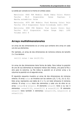 Fundamentos de programación en Java
127
La salida por consola es la misma en ambos casos:
Matrícula: 4060 TUR Modelo: Skoda Fabia Color: Blanco
Tarifa: 90.0 Disponible: false Puertas: 2
Marcha automática: false
Matrícula: 4070 DEP Modelo: Ford Mustang Color: Rojo
Tarifa: 150.0 Disponible: false Cilindrada (cm3): 2000
Matrícula: 4080 FUR Modelo: Fiat Ducato Color: Azul
Tarifa: 80.0 Disponible: false Carga (kg): 1200
Volumen (m3): 8
Arrays multidimensionales
Un array de dos dimensiones es un array que contiene otro array en cada
uno de sus elementos.
Por ejemplo, un array de dos dimensiones de números enteros de tamaño
2 x 3 se declara:
int[][] notas = new int[2][3];
Un array de dos dimensiones tiene forma de tabla. Para indicar la posición
de uno de sus elementos es necesario indicar dos índices, uno para la fila y
otro para la columna. La fila indica la posición en el primer array y la
columna la posición en el segundo array.
El siguiente esquema muestra un array de dos dimensiones de números
enteros. El array notas se inicializa con los valores {{5, 7, 9}, {4, 6, 5}}.
Este array representa una tabla de 2 x 3 y en total almacena 6 números
enteros. El array notas tiene dos elementos y cada uno de ellos es un
array: notas[0] y notas[1]. El elemento notas[0] tiene a su vez 3
elementos: notas[0][0], notas[0][1] y notas[0][2]. El elemento
notas[1] tiene también 3 elementos: notas[1][0], notas[1][1] y
notas[1][2].
 