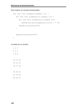 Estructuras de almacenamiento
130
Para mostrar los números almacenados:
for (int i=0; i<numeros.length; i++) {
for (int j=0; j<numeros[i].length; j++) {
for (int k=0; k<numeros[j].length; k++)
System.out.print(numeros[i][j][k] + " ");
System.out.println("");
}
System.out.println("");
}
La salida por la consola:
1 2 3
4 5 6
7 8 9
10 11 12
13 14 15
16 17 18
19 20 21
22 23 24
25 26 27
 