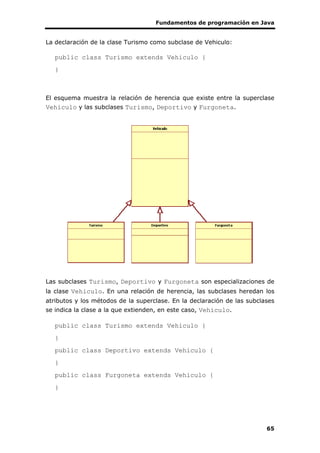 Fundamentos de programación en Java
65
La declaración de la clase Turismo como subclase de Vehiculo:
public class Turismo extends Vehiculo {
}
El esquema muestra la relación de herencia que existe entre la superclase
Vehiculo y las subclases Turismo, Deportivo y Furgoneta.
Las subclases Turismo, Deportivo y Furgoneta son especializaciones de
la clase Vehiculo. En una relación de herencia, las subclases heredan los
atributos y los métodos de la superclase. En la declaración de las subclases
se indica la clase a la que extienden, en este caso, Vehiculo.
public class Turismo extends Vehiculo {
}
public class Deportivo extends Vehiculo {
}
public class Furgoneta extends Vehiculo {
}
 