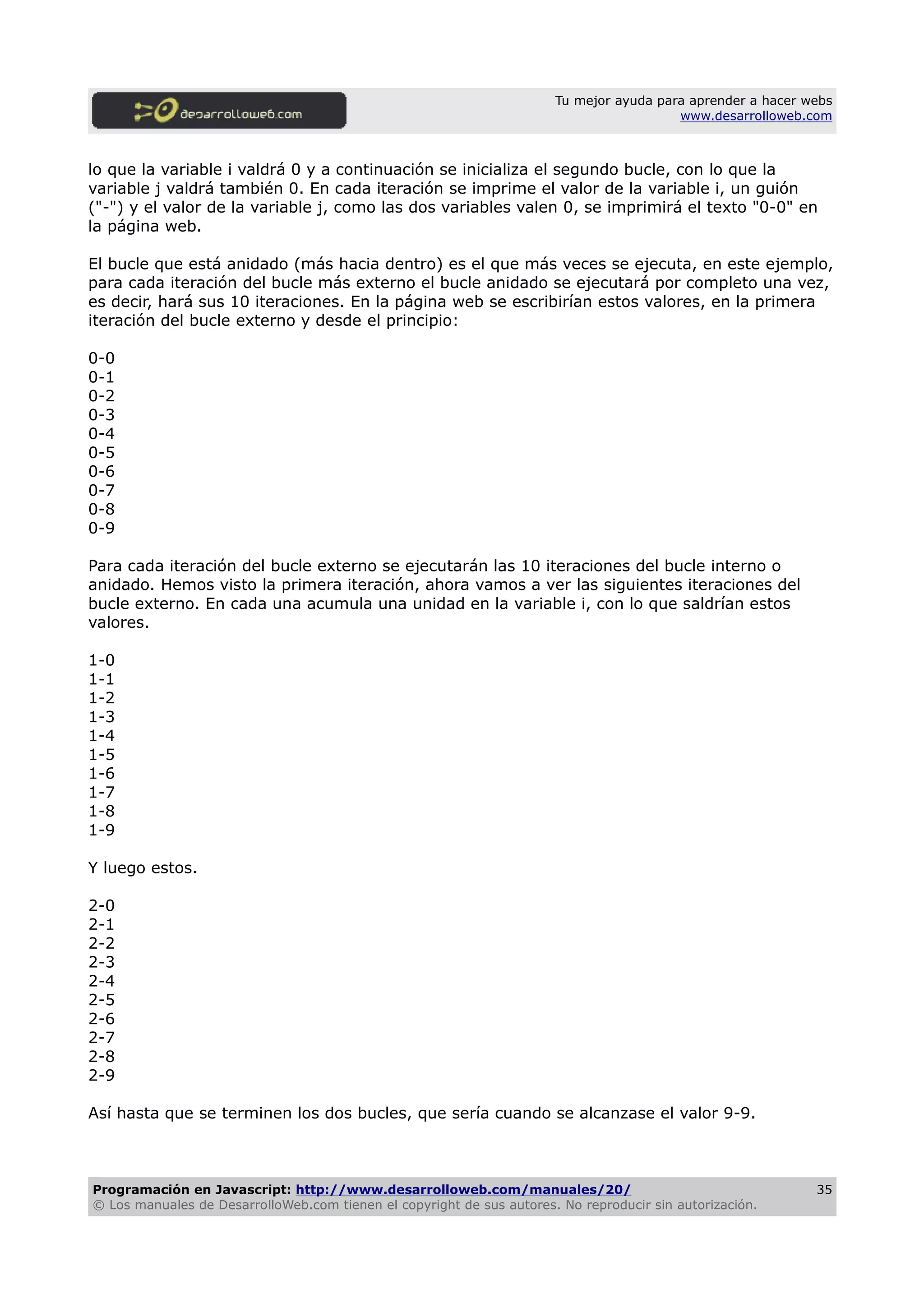 Tu mejor ayuda para aprender a hacer webs
www.desarrolloweb.com
lo que la variable i valdrá 0 y a continuación se inicializa el segundo bucle, con lo que la
variable j valdrá también 0. En cada iteración se imprime el valor de la variable i, un guión
("-") y el valor de la variable j, como las dos variables valen 0, se imprimirá el texto "0-0" en
la página web.
El bucle que está anidado (más hacia dentro) es el que más veces se ejecuta, en este ejemplo,
para cada iteración del bucle más externo el bucle anidado se ejecutará por completo una vez,
es decir, hará sus 10 iteraciones. En la página web se escribirían estos valores, en la primera
iteración del bucle externo y desde el principio:
0-0
0-1
0-2
0-3
0-4
0-5
0-6
0-7
0-8
0-9
Para cada iteración del bucle externo se ejecutarán las 10 iteraciones del bucle interno o
anidado. Hemos visto la primera iteración, ahora vamos a ver las siguientes iteraciones del
bucle externo. En cada una acumula una unidad en la variable i, con lo que saldrían estos
valores.
1-0
1-1
1-2
1-3
1-4
1-5
1-6
1-7
1-8
1-9
Y luego estos.
2-0
2-1
2-2
2-3
2-4
2-5
2-6
2-7
2-8
2-9
Así hasta que se terminen los dos bucles, que sería cuando se alcanzase el valor 9-9.
Programación en Javascript: http://www.desarrolloweb.com/manuales/20/
© Los manuales de DesarrolloWeb.com tienen el copyright de sus autores. No reproducir sin autorización.
35
 