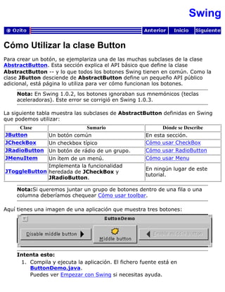 Swing
Cómo Utilizar la clase Button
Para crear un botón, se ejemplariza una de las muchas subclases de la clase
AbstractButton. Esta sección explica el API básico que define la clase
AbstractButton -- y lo que todos los botones Swing tienen en común. Como la
clase JButton desciende de AbstractButton define un pequeño API público
adicional, está página lo utiliza para ver cómo funcionan los botones.
Nota: En Swing 1.0.2, los botones ignoraban sus mnemónicos (teclas
aceleradoras). Este error se corrigió en Swing 1.0.3.
La siguiente tabla muestra las subclases de AbstractButton definidas en Swing
que podemos utilizar:
Clase Sumario Dónde se Describe
JButton Un botón común En esta sección.
JCheckBox Un checkbox típico Cómo usar CheckBox
JRadioButton Un botón de rádio de un grupo. Cómo usar RadioButton
JMenuItem Un ítem de un menú. Cómo usar Menu
JToggleButton
Implementa la funcionalidad
heredada de JCheckBox y
JRadioButton.
En ningún lugar de este
tutorial.
Nota:Si queremos juntar un grupo de botones dentro de una fila o una
columna deberíamos chequear Cómo usar toolbar.
Aquí tienes una imagen de una aplicación que muestra tres botones:
Intenta esto:
Compila y ejecuta la aplicación. El fichero fuente está en
ButtonDemo.java.
Puedes ver Empezar con Swing si necesitas ayuda.
1.
 