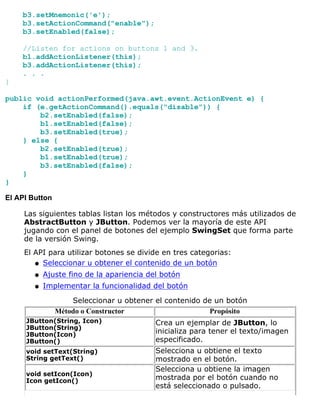 b3.setMnemonic('e');
b3.setActionCommand("enable");
b3.setEnabled(false);
//Listen for actions on buttons 1 and 3.
b1.addActionListener(this);
b3.addActionListener(this);
. . .
}
public void actionPerformed(java.awt.event.ActionEvent e) {
if (e.getActionCommand().equals("disable")) {
b2.setEnabled(false);
b1.setEnabled(false);
b3.setEnabled(true);
} else {
b2.setEnabled(true);
b1.setEnabled(true);
b3.setEnabled(false);
}
}
El API Button
Las siguientes tablas listan los métodos y constructores más utilizados de
AbstractButton y JButton. Podemos ver la mayoría de este API
jugando con el panel de botones del ejemplo SwingSet que forma parte
de la versión Swing.
El API para utilizar botones se divide en tres categorias:
Seleccionar u obtener el contenido de un botónq
Ajuste fino de la apariencia del botónq
Implementar la funcionalidad del botónq
Seleccionar u obtener el contenido de un botón
Método o Constructor Propósito
JButton(String, Icon)
JButton(String)
JButton(Icon)
JButton()
Crea un ejemplar de JButton, lo
inicializa para tener el texto/imagen
especificado.
void setText(String)
String getText()
Selecciona u obtiene el texto
mostrado en el botón.
void setIcon(Icon)
Icon getIcon()
Selecciona u obtiene la imagen
mostrada por el botón cuando no
está seleccionado o pulsado.
 
