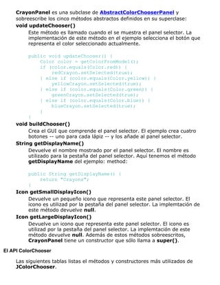 CrayonPanel es una subclase de AbstractColorChooserPanel y
sobreescribe los cinco métodos abstractos definidos en su superclase:
void updateChooser()
Este método es llamado cuando el se muestra el panel selector. La
implementación de este método en el ejemplo selecciona el botón que
representa el color seleccionado actualmente.
public void updateChooser() {
Color color = getColorFromModel();
if (color.equals(Color.red)) {
redCrayon.setSelected(true);
} else if (color.equals(Color.yellow)) {
yellowCrayon.setSelected(true);
} else if (color.equals(Color.green)) {
greenCrayon.setSelected(true);
} else if (color.equals(Color.blue)) {
blueCrayon.setSelected(true);
}
}
void buildChooser()
Crea el GUI que comprende el panel selector. El ejemplo crea cuatro
botones -- uno para cada lápiz -- y los añade al panel selector.
String getDisplayName()
Devuelve el nombre mostrado por el panel selector. El nombre es
utilizado para la pestaña del panel selector. Aquí tenemos el método
getDisplayName del ejemplo: method:
public String getDisplayName() {
return "Crayons";
}
Icon getSmallDisplayIcon()
Devuelve un pequeño icono que representa este panel selector. El
icono es utilizad por la pestaña del panel selector. La implemtación de
este método devuelve null.
Icon getLargeDisplayIcon()
Devuelve un icono que representa este panel selector. El icono es
utilizad por la pestaña del panel selector. La implemtación de este
método devuelve null. Además de estos métodos sobreescritos,
CrayonPanel tiene un constructor que sólo llama a super().
El API ColorChooser
Las siguientes tablas listas el métodos y constructores más utilizados de
JColorChooser.
 