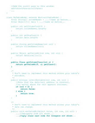 //Add the scroll pane to this window.
setContentPane(scrollPane);
...
}
class MyTableModel extends AbstractTableModel {
final String[] columnNames = ...//same as before...
final Object[][] data = ...//same as before...
public int getColumnCount() {
return columnNames.length;
}
public int getRowCount() {
return data.length;
}
public String getColumnName(int col) {
return columnNames[col];
}
public Object getValueAt(int row, int col) {
return data[row][col];
}
public Class getColumnClass(int c) {
return getValueAt(0, c).getClass();
}
/*
* Don't need to implement this method unless your table's
* editable.
*/
public boolean isCellEditable(int row, int col) {
//Note that the data/cell address is constant,
//no matter where the cell appears onscreen.
if (col < 2) {
return false;
} else {
return true;
}
}
/*
* Don't need to implement this method unless your table's
* data can change.
*/
public void setValueAt(Object value, int row, int col) {
...//debugging code not shown...
...//ugly class cast code for Integers not shown...
 