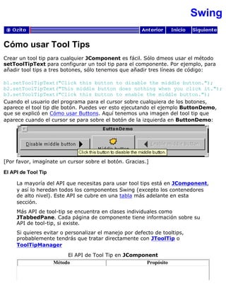 Swing
Cómo usar Tool Tips
Crear un tool tip para cualquier JComponent es fácil. Sólo dmeos usar el método
setToolTipText para configurar un tool tip para el componente. Por ejemplo, para
añadir tool tips a tres botones, sólo tenemos que añadir tres líneas de código:
b1.setToolTipText("Click this button to disable the middle button.");
b2.setToolTipText("This middle button does nothing when you click it.");
b3.setToolTipText("Click this button to enable the middle button.");
Cuando el usuario del programa para el cursor sobre cualquiera de los botones,
aparece el tool tip dle botón. Puedes ver esto ejecutando el ejemplo ButtonDemo,
que se explicó en Cómo usar Buttons. Aquí tenemos una imagen del tool tip que
aparece cuando el cursor se para sobre el botón de la izquierda en ButtonDemo:
[Por favor, imagínate un cursor sobre el botón. Gracias.]
El API de Tool Tip
La mayoría del API que necesitas para usar tool tips está en JComponent,
y así lo heredan todos los componentes Swing (excepto los contenedores
de alto nivel). Este API se cubre en una tabla más adelante en esta
sección.
Más API de tool-tip se encuentra en clases individuales como
JTabbedPane. Cada página de componente tiene información sobre su
API de tool-tip, si existe.
Si quieres evitar o personalizar el manejo por defecto de tooltips,
probablemente tendrás que tratar directamente con JToolTip o
ToolTipManager
El API de Tool Tip en JComponent
Método Propósito
 