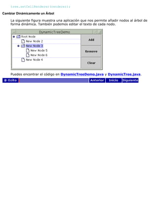 tree.setCellRenderer(renderer);
Cambiar Dinámicamente un Árbol
La siguiente figura muestra una aplicación que nos permite añadir nodos al árbol de
forma dinámica. También podemos editar el texto de cada nodo.
Puedes encontrar el código en DynamicTreeDemo.java y DynamicTree.java.
 