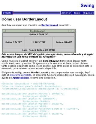 Swing
Cómo usar BorderLayout
Aquí hay un applet que muestra un BorderLayout en acción .
Esta es una imagen del GUI del applet, para ejecutarlo, pulsa sobre ella y el applet
aparecerá en una nueva ventana del navegador."
Como muestra el applet anterior, un BorderLayout tiene cinco áreas: north,
south, east, west, y center. Si agrandamos la ventana, el área central obtiene
tanto espacio disponible como le sea posible. Las otras áreas se extienden sólo lo
necesario para rellenar todo el espacio disponible.
El siguiente código crea el BorderLayout y los componentes que maneja. Aquí
está el programa completo. El programa funciona desde dentro d eun applet, con la
ayuda de AppletButton, o como una aplicación.
Container contentPane = getContentPane();
//Use the content pane's default BorderLayout.
//contentPane.setLayout(new BorderLayout()); //unnecessary
contentPane.add(new JButton("Button 1 (NORTH)"),
BorderLayout.NORTH);
contentPane.add(new JButton("2 (CENTER)"),
BorderLayout.CENTER);
contentPane.add(new JButton("Button 3 (WEST)"),
BorderLayout.WEST);
contentPane.add(new JButton("Long-Named Button 4 (SOUTH)"),
BorderLayout.SOUTH);
contentPane.add(new JButton("Button 5 (EAST)"),
BorderLayout.EAST);
 