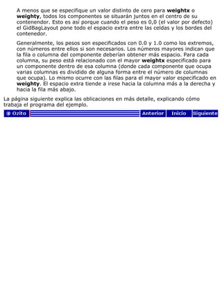 A menos que se especifique un valor distinto de cero para weightx o
weighty, todos los componentes se situarán juntos en el centro de su
contenendor. Esto es así porque cuando el peso es 0,0 (el valor por defecto)
el GidBagLayout pone todo el espacio extra entre las celdas y los bordes del
contenedor.
Generalmente, los pesos son especificados con 0.0 y 1.0 como los extremos,
con números entre ellos si son necesarios. Los números mayores indican que
la fila o columna del componente deberían obtener más espacio. Para cada
columna, su peso está relacionado con el mayor weightx especificado para
un componente dentro de esa columna (donde cada componente que ocupa
varias columnas es dividido de alguna forma entre el número de columnas
que ocupa). Lo mismo ocurre con las filas para el mayor valor especificado en
weighty. El espacio extra tiende a irese hacia la columna más a la derecha y
hacia la fila más abajo.
La página siguiente explica las oblicaciones en más detalle, explicando cómo
trabaja el programa del ejemplo.
 