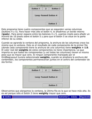Este programa tiene cuatro componentes que se espanden varias columnas
(buttons 4 y 5). Para hacer más alto el botón 4, le añadimos un borde interno
(ipady). Para poner espacio entre los botones 4 y 5, usamos insets para añadir un
mínimo de 10 pixels sobre el botón 5 y para que el botón 5 se situe en la parte
inferior de su celda.
Cuando se agranda la ventana del programa, la anchura de las columnas crece los
mismo que la ventana. Este es el resultado de cada componente de la primer fila
(donde cada componente tiene la anchura de una columna) tiene weightx = 1.0.
El valor real del weightx de estos componentes no tiene importancia. Lo que
importa es que todos los componentes (y así todas las columnas) tienen el mismo
peso que es mayor que cero. Si ningún componente manejado por el
GridBagLayout tuviera seleccionado weightx, cuando se ampliara la anchura del
contenedor, los componentes permanecerían juntos en el centro del contenedor de
sta forma:
Observamos que alargamos la ventana, la última fila es la que se hace más alta. Es
es así porque sólo el botón 5 tiene weighty mayor que cero.
 