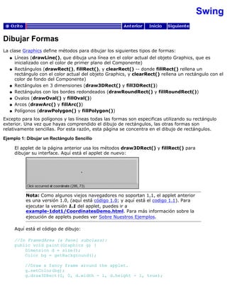 Swing
Dibujar Formas
La clase Graphics define métodos para dibujar los siguientes tipos de formas:
Líneas (drawLine(), que dibuja una línea en el color actual del objeto Graphics, que es
inicializado con el color de primer plano del Componente)
q
Rectángulos (drawRect(), fillRect(), y clearRect() -- donde fillRect() rellena un
rectángulo con el color actual del objeto Graphics, y clearRect() rellena un rectángulo con el
color de fondo del Componente)
q
Rectángulos en 3 dimensiones (draw3DRect() y fill3DRect())q
Rectángulos con los bordes redondeados (drawRoundRect() y fillRoundRect())q
Ovalos (drawOval() y fillOval())q
Arcos (drawArc() y fillArc())q
Polígonos (drawPolygon() y fillPolygon())q
Excepto para los polígonos y las líneas todas las formas son especificas utilizando su rectángulo
exterior. Una vez que hayas comprendido el dibujo de rectángulos, las otras formas son
relativamente sencillas. Por esta razón, esta página se concentra en el dibujo de rectángulos.
Ejemplo 1: Dibujar un Rectángulo Sencillo
El applet de la página anterior usa los métodos draw3DRect() y fillRect() para
dibujar su interface. Aquí está el applet de nuevo:
Nota: Como algunos viejos navegadores no soportan 1,1, el applet anterior
es una versión 1.0, (aquí está código 1.0; y aquí está el codigo 1.1). Para
ejecutar la versión 1.1 del applet, puedes ir a
example-1dot1/CoordinatesDemo.html. Para más información sobre la
ejecución de applets puedes ver Sobre Nuestros Ejemplos.
Aquí está el código de dibujo:
//In FramedArea (a Panel subclass):
public void paint(Graphics g) {
Dimension d = size();
Color bg = getBackground();
//Draw a fancy frame around the applet.
g.setColor(bg);
g.draw3DRect(0, 0, d.width - 1, d.height - 1, true);
 