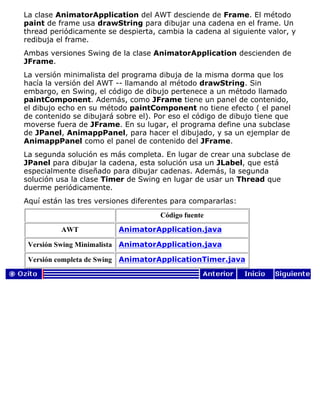 La clase AnimatorApplication del AWT desciende de Frame. El método
paint de frame usa drawString para dibujar una cadena en el frame. Un
thread periódicamente se despierta, cambia la cadena al siguiente valor, y
redibuja el frame.
Ambas versiones Swing de la clase AnimatorApplication descienden de
JFrame.
La versión minimalista del programa dibuja de la misma dorma que los
hacía la versión del AWT -- llamando al método drawString. Sin
embargo, en Swing, el código de dibujo pertenece a un método llamado
paintComponent. Además, como JFrame tiene un panel de contenido,
el dibujo echo en su método paintComponent no tiene efecto ( el panel
de contenido se dibujará sobre el). Por eso el código de dibujo tiene que
moverse fuera de JFrame. En su lugar, el programa define una subclase
de JPanel, AnimappPanel, para hacer el dibujado, y sa un ejemplar de
AnimappPanel como el panel de contenido del JFrame.
La segunda solución es más completa. En lugar de crear una subclase de
JPanel para dibujar la cadena, esta solución usa un JLabel, que está
especialmente diseñado para dibujar cadenas. Además, la segunda
solución usa la clase Timer de Swing en lugar de usar un Thread que
duerme periódicamente.
Aquí están las tres versiones diferentes para compararlas:
Código fuente
AWT AnimatorApplication.java
Versión Swing Minimalista AnimatorApplication.java
Versión completa de Swing AnimatorApplicationTimer.java
 