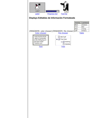 Label Progress bar Tool tip
Displays Editables de Información Formateada
[PENDIENTE: color chooser] [PENDIENTE: file chooser]
Color chooser File chooser Table
Text Tree
 