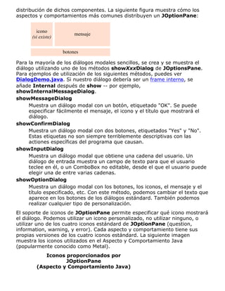 distribución de dichos componentes. La siguiente figura muestra cómo los
aspectos y comportamientos más comunes distribuyen un JOptionPane:
icono
(si existe)
mensaje
botones
Para la mayoría de los diálogos modales sencillos, se crea y se muestra el
diálogo utilizando uno de los métodos showXxxDialog de JOptionsPane.
Para ejemplos de utilización de los siguientes métodos, puedes ver
DialogDemo.java. Si nuestro diálogo debería ser un frame interno, se
añade Internal después de show -- por ejemplo,
showInternalMessageDialog.
showMessageDialog
Muestra un diálogo modal con un botón, etiquetado "OK". Se puede
especificar fácilmente el mensaje, el icono y el título que mostrará el
diálogo.
showConfirmDialog
Muestra un diálogo modal con dos botones, etiquetados "Yes" y "No".
Estas etiquetas no son siempre terriblemente descriptivas con las
actiones específicas del programa que causan.
showInputDialog
Muestra un diálogo modal que obtiene una cadena del usuario. Un
diálogo de entrada muestra un campo de texto para que el usuario
teclee en él, o un ComboBox no editable, desde el que el usuario puede
elegir una de entre varias cadenas.
showOptionDialog
Muestra un diálogo modal con los botones, los iconos, el mensaje y el
título especificado, etc. Con este método, podemos cambiar el texto que
aparece en los botones de los diálogos estándard. También podemos
realizar cualquier tipo de personalización.
El soporte de iconos de JOptionPane permite especificar qué icono mostrará
el diálogo. Podemos utilizar un icono personalizado, no utilizar ninguno, o
utilizar uno de los cuatro iconos estándard de JOptionPane (question,
information, warning, y error). Cada aspecto y comportamiento tiene sus
propias versiones de los cuatro iconos estándard. La siguiente imagen
muestra los iconos utilizados en el Aspecto y Comportamiento Java
(popularmente conocido como Metal).
Iconos proporcionados por
JOptionPane
(Aspecto y Comportamiento Java)
 