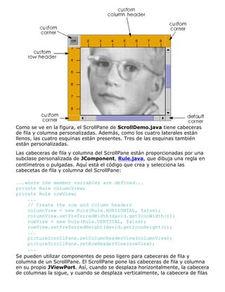 Como se ve en la figura, el ScrollPane de ScrollDemo.java tiene cabeceras
de fila y columna personalizadas. Además, como los cuatro laterales están
llenos, las cuatro esquinas están presentes. Tres de las esquinas también
están personalizadas.
Las cabeceras de fila y columna del ScrollPane están proporcionadas por una
subclase personalizada de JComponent, Rule.java, que dibuja una regla en
centímetros o pulgadas. Aquí está el código que crea y selecciona las
cabecetas de fila y columna del ScrollPane:
...where the member variables are defined...
private Rule columnView;
private Rule rowView;
...
// Create the row and column headers
columnView = new Rule(Rule.HORIZONTAL, false);
columnView.setPreferredWidth(david.getIconWidth());
rowView = new Rule(Rule.VERTICAL, false);
rowView.setPreferredHeight(david.getIconHeight());
...
pictureScrollPane.setColumnHeaderView(columnView);
pictureScrollPane.setRowHeaderView(rowView);
...
Se pueden utilizar componentes de peso ligero para cabeceras de fila y
columna de un ScrollPane. El ScrollPane pone las cabeceras de fila y columna
en su propio JViewPort. Así, cuando se desplaza horizontalmente, la cabecera
de columnas la sigue, y cuando se desplaza verticalmente, la cabecera de filas
 