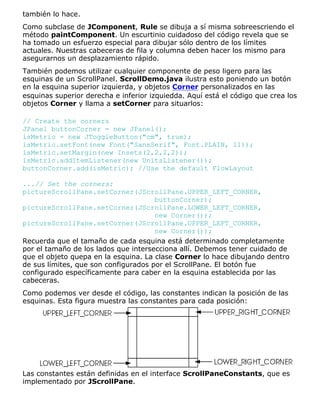 también lo hace.
Como subclase de JComponent, Rule se dibuja a sí misma sobreescriendo el
método paintComponent. Un escurtinio cuidadoso del código revela que se
ha tomado un esfuerzo especial para dibujar sólo dentro de los límites
actuales. Nuestras cabeceras de fila y columna deben hacer los mismo para
asegurarnos un desplazamiento rápido.
También podemos utilizar cualquier componente de peso ligero para las
esquinas de un ScrollPanel. ScrollDemo.java ilustra esto poniendo un botón
en la esquina superior izquierda, y objetos Corner personalizados en las
esquinas superior derecha e inferior izquiedda. Aquí está el código que crea los
objetos Corner y llama a setCorner para situarlos:
// Create the corners
JPanel buttonCorner = new JPanel();
isMetric = new JToggleButton("cm", true);
isMetric.setFont(new Font("SansSerif", Font.PLAIN, 11));
isMetric.setMargin(new Insets(2,2,2,2));
isMetric.addItemListener(new UnitsListener());
buttonCorner.add(isMetric); //Use the default FlowLayout
...// Set the corners:
pictureScrollPane.setCorner(JScrollPane.UPPER_LEFT_CORNER,
buttonCorner);
pictureScrollPane.setCorner(JScrollPane.LOWER_LEFT_CORNER,
new Corner());
pictureScrollPane.setCorner(JScrollPane.UPPER_LEFT_CORNER,
new Corner());
Recuerda que el tamaño de cada esquina está determinado completamente
por el tamaño de los lados que intersecciona allí. Debemos tener cuidado de
que el objeto quepa en la esquina. La clase Corner lo hace dibujando dentro
de sus límites, que son configurados por el ScrollPane. El botón fue
configurado específicamente para caber en la esquina establecida por las
cabeceras.
Como podemos ver desde el código, las constantes indican la posición de las
esquinas. Esta figura muestra las constantes para cada posición:
Las constantes están definidas en el interface ScrollPaneConstants, que es
implementado por JScrollPane.
 