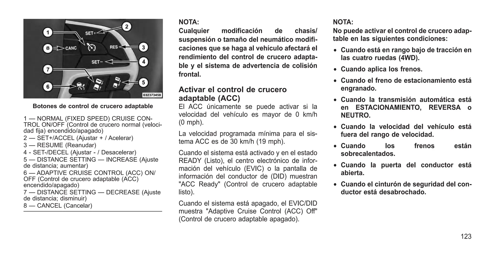 NOTA:
Cualquier modificación de chasis/
suspensión o tamaño del neumático modifi-
caciones que se haga al vehículo afectará el
rendimiento del control de crucero adapta-
ble y el sistema de advertencia de colisión
frontal.
Activar el control de crucero
adaptable (ACC)
El ACC únicamente se puede activar si la
velocidad del vehículo es mayor de 0 km/h
(0 mph).
La velocidad programada mínima para el sis-
tema ACC es de 30 km/h (19 mph).
Cuando el sistema está activado y en el estado
READY (Listo), el centro electrónico de infor-
mación del vehículo (EVIC) o la pantalla de
información del conductor de (DID) muestran
"ACC Ready" (Control de crucero adaptable
listo).
Cuando el sistema está apagado, el EVIC/DID
muestra "Adaptive Cruise Control (ACC) Off"
(Control de crucero adaptable apagado).
NOTA:
No puede activar el control de crucero adap-
table en las siguientes condiciones:
• Cuando está en rango bajo de tracción en
las cuatro ruedas (4WD).
• Cuando aplica los frenos.
• Cuando el freno de estacionamiento está
engranado.
• Cuando la transmisión automática está
en ESTACIONAMIENTO, REVERSA o
NEUTRO.
• Cuando la velocidad del vehículo está
fuera del rango de velocidad.
• Cuando los frenos están
sobrecalentados.
• Cuando la puerta del conductor está
abierta.
• Cuando el cinturón de seguridad del con-
ductor está desabrochado.
Botones de control de crucero adaptable
1 — NORMAL (FIXED SPEED) CRUISE CON-
TROL ON/OFF (Control de crucero normal (veloci-
dad fija) encendido/apagado)
2 — SET+/ACCEL (Ajustar + / Acelerar)
3 — RESUME (Reanudar)
4 - SET-/DECEL (Ajustar - / Desacelerar)
5 — DISTANCE SETTING — INCREASE (Ajuste
de distancia; aumentar)
6 — ADAPTIVE CRUISE CONTROL (ACC) ON/
OFF (Control de crucero adaptable (ACC)
encendido/apagado)
7 — DISTANCE SETTING — DECREASE (Ajuste
de distancia; disminuir)
8 — CANCEL (Cancelar)
123
 