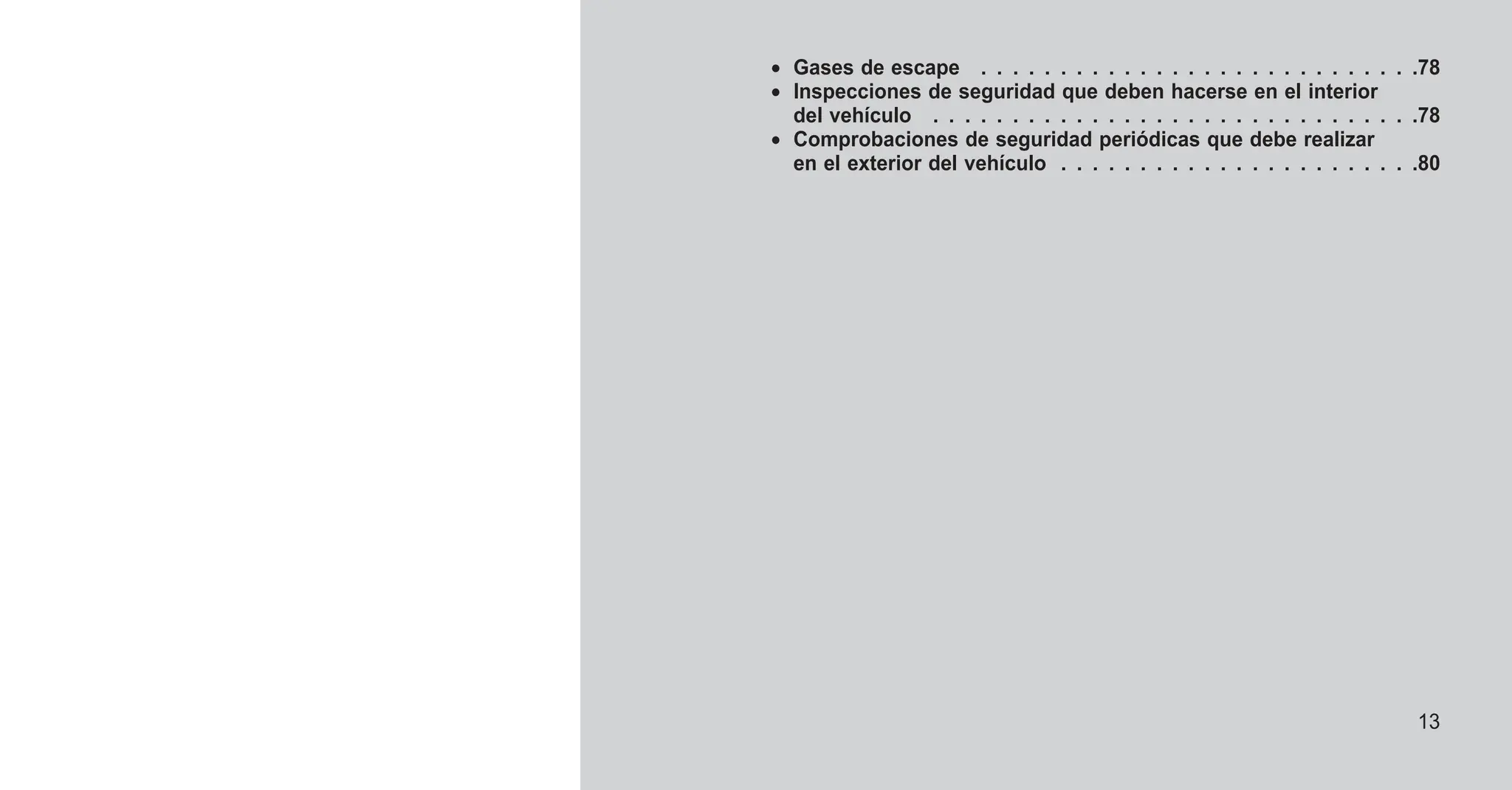 • Gases de escape . . . . . . . . . . . . . . . . . . . . . . . . . . . .78
• Inspecciones de seguridad que deben hacerse en el interior
del vehículo . . . . . . . . . . . . . . . . . . . . . . . . . . . . . . .78
• Comprobaciones de seguridad periódicas que debe realizar
en el exterior del vehículo . . . . . . . . . . . . . . . . . . . . . . .80
13
 