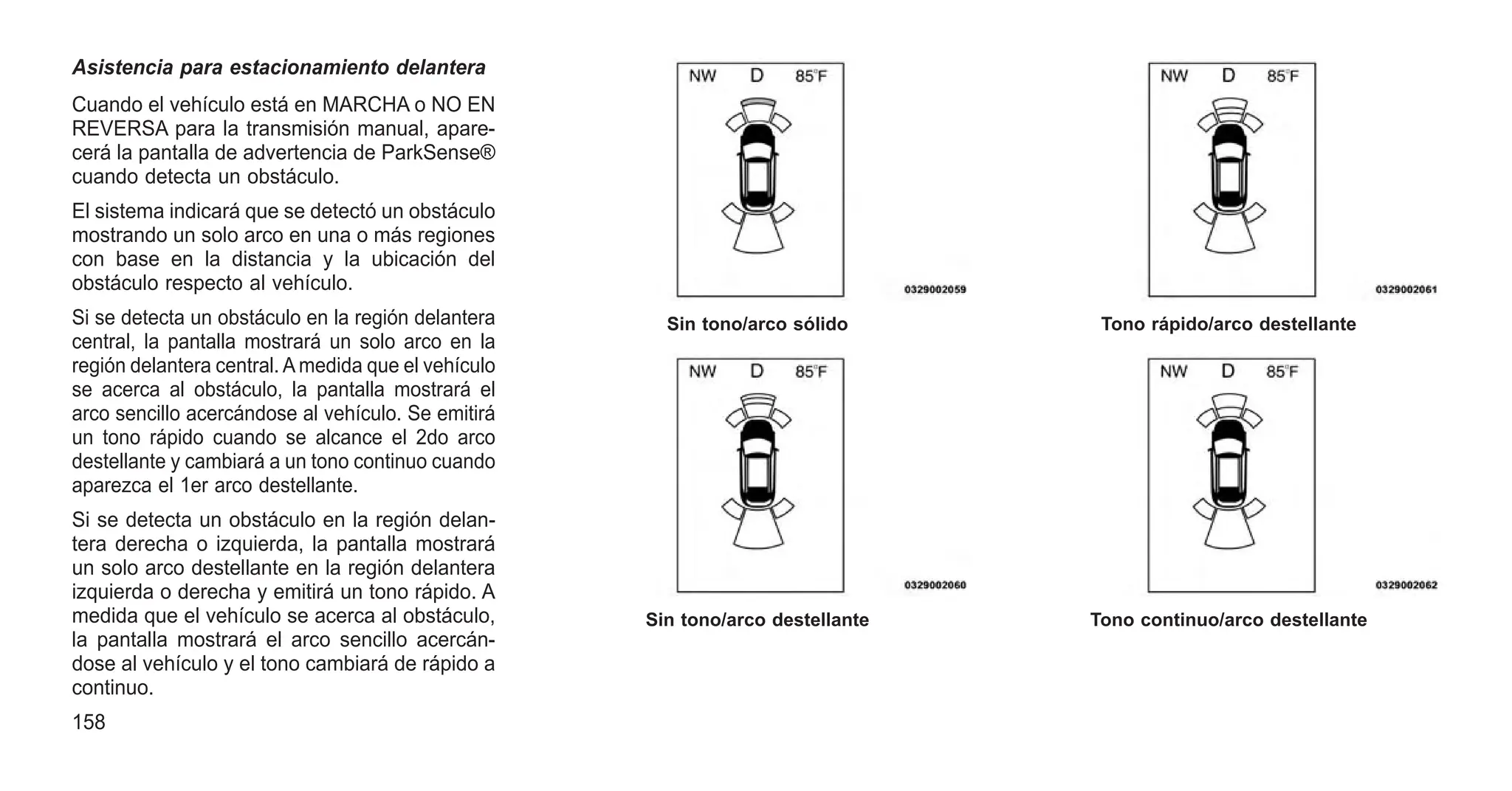 Asistencia para estacionamiento delantera
Cuando el vehículo está en MARCHA o NO EN
REVERSA para la transmisión manual, apare-
cerá la pantalla de advertencia de ParkSense®
cuando detecta un obstáculo.
El sistema indicará que se detectó un obstáculo
mostrando un solo arco en una o más regiones
con base en la distancia y la ubicación del
obstáculo respecto al vehículo.
Si se detecta un obstáculo en la región delantera
central, la pantalla mostrará un solo arco en la
región delantera central. A medida que el vehículo
se acerca al obstáculo, la pantalla mostrará el
arco sencillo acercándose al vehículo. Se emitirá
un tono rápido cuando se alcance el 2do arco
destellante y cambiará a un tono continuo cuando
aparezca el 1er arco destellante.
Si se detecta un obstáculo en la región delan-
tera derecha o izquierda, la pantalla mostrará
un solo arco destellante en la región delantera
izquierda o derecha y emitirá un tono rápido. A
medida que el vehículo se acerca al obstáculo,
la pantalla mostrará el arco sencillo acercán-
dose al vehículo y el tono cambiará de rápido a
continuo.
Sin tono/arco sólido
Sin tono/arco destellante
Tono rápido/arco destellante
Tono continuo/arco destellante
158
 