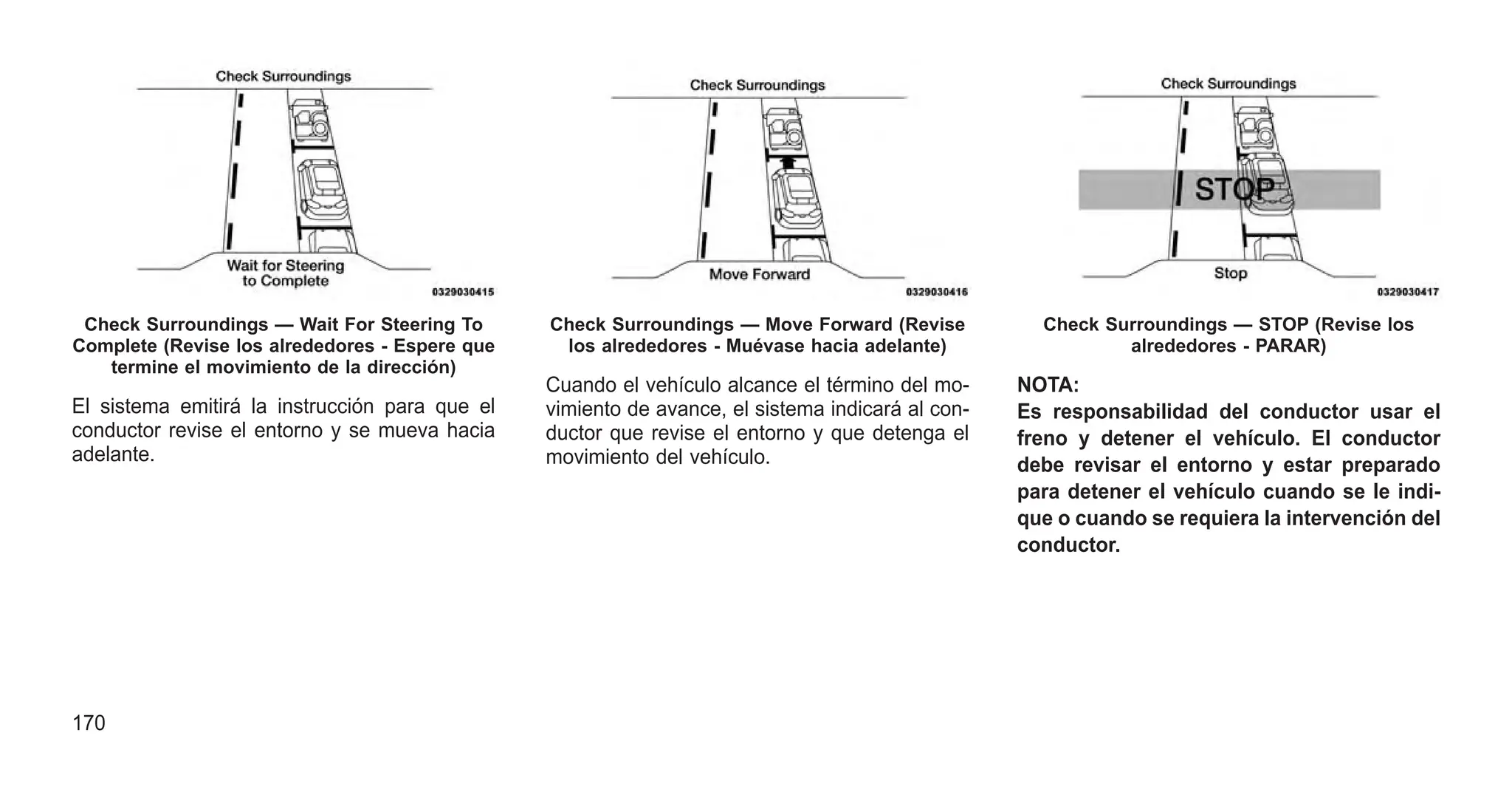 El sistema emitirá la instrucción para que el
conductor revise el entorno y se mueva hacia
adelante.
Cuando el vehículo alcance el término del mo-
vimiento de avance, el sistema indicará al con-
ductor que revise el entorno y que detenga el
movimiento del vehículo.
NOTA:
Es responsabilidad del conductor usar el
freno y detener el vehículo. El conductor
debe revisar el entorno y estar preparado
para detener el vehículo cuando se le indi-
que o cuando se requiera la intervención del
conductor.
Check Surroundings — Wait For Steering To
Complete (Revise los alrededores - Espere que
termine el movimiento de la dirección)
Check Surroundings — Move Forward (Revise
los alrededores - Muévase hacia adelante)
Check Surroundings — STOP (Revise los
alrededores - PARAR)
170
 