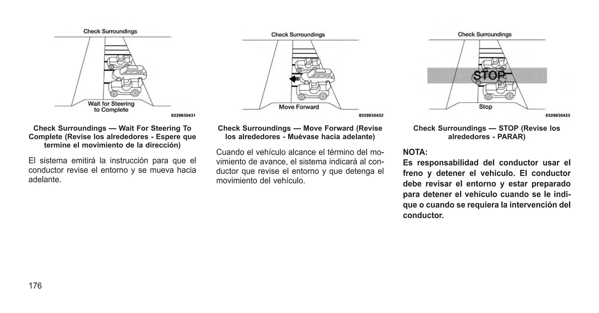 El sistema emitirá la instrucción para que el
conductor revise el entorno y se mueva hacia
adelante.
Cuando el vehículo alcance el término del mo-
vimiento de avance, el sistema indicará al con-
ductor que revise el entorno y que detenga el
movimiento del vehículo.
NOTA:
Es responsabilidad del conductor usar el
freno y detener el vehículo. El conductor
debe revisar el entorno y estar preparado
para detener el vehículo cuando se le indi-
que o cuando se requiera la intervención del
conductor.
Check Surroundings — Wait For Steering To
Complete (Revise los alrededores - Espere que
termine el movimiento de la dirección)
Check Surroundings — Move Forward (Revise
los alrededores - Muévase hacia adelante)
Check Surroundings — STOP (Revise los
alrededores - PARAR)
176
 