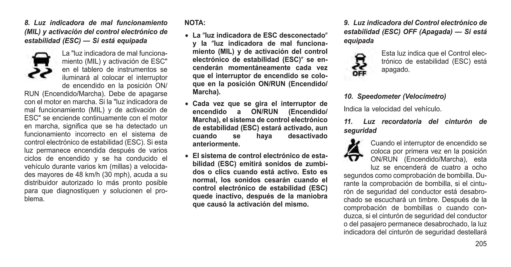 8. Luz indicadora de mal funcionamiento
(MIL) y activación del control electrónico de
estabilidad (ESC) — Si está equipada
La "luz indicadora de mal funciona-
miento (MIL) y activación de ESC"
en el tablero de instrumentos se
iluminará al colocar el interruptor
de encendido en la posición ON/
RUN (Encendido/Marcha). Debe de apagarse
con el motor en marcha. Si la "luz indicadora de
mal funcionamiento (MIL) y de activación de
ESC" se enciende continuamente con el motor
en marcha, significa que se ha detectado un
funcionamiento incorrecto en el sistema de
control electrónico de estabilidad (ESC). Si esta
luz permanece encendida después de varios
ciclos de encendido y se ha conducido el
vehículo durante varios km (millas) a velocida-
des mayores de 48 km/h (30 mph), acuda a su
distribuidor autorizado lo más pronto posible
para que diagnostiquen y solucionen el pro-
blema.
NOTA:
• La ⴖluz indicadora de ESC desconectadoⴖ
y la ⴖluz indicadora de mal funciona-
miento (MIL) y de activación del control
electrónico de estabilidad (ESC)ⴖ se en-
cenderán momentáneamente cada vez
que el interruptor de encendido se colo-
que en la posición ON/RUN (Encendido/
Marcha).
• Cada vez que se gira el interruptor de
encendido a ON/RUN (Encendido/
Marcha), el sistema de control electrónico
de estabilidad (ESC) estará activado, aun
cuando se haya desactivado
anteriormente.
• El sistema de control electrónico de esta-
bilidad (ESC) emitirá sonidos de zumbi-
dos o clics cuando está activo. Esto es
normal, los sonidos cesarán cuando el
control electrónico de estabilidad (ESC)
quede inactivo, después de la maniobra
que causó la activación del mismo.
9. Luz indicadora del Control electrónico de
estabilidad (ESC) OFF (Apagada) — Si está
equipada
Esta luz indica que el Control elec-
trónico de estabilidad (ESC) está
apagado.
10. Speedometer (Velocímetro)
Indica la velocidad del vehículo.
11. Luz recordatoria del cinturón de
seguridad
Cuando el interruptor de encendido se
coloca por primera vez en la posición
ON/RUN (Encendido/Marcha), esta
luz se encenderá de cuatro a ocho
segundos como comprobación de bombilla. Du-
rante la comprobación de bombilla, si el cintu-
rón de seguridad del conductor está desabro-
chado se escuchará un timbre. Después de la
comprobación de bombillas o cuando con-
duzca, si el cinturón de seguridad del conductor
o del pasajero permanece desabrochado, la luz
indicadora del cinturón de seguridad destellará
205
 