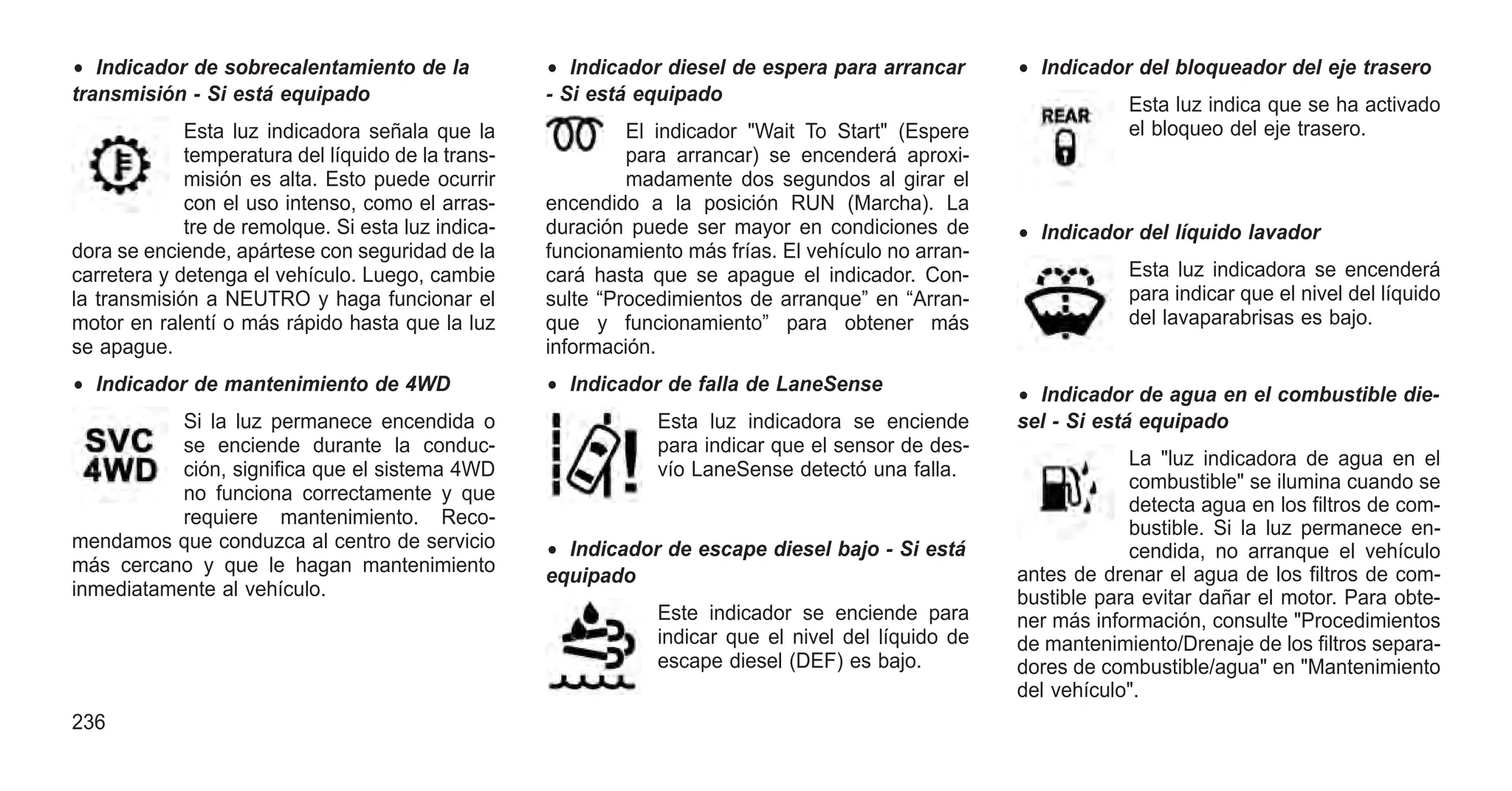 • Indicador de sobrecalentamiento de la
transmisión - Si está equipado
Esta luz indicadora señala que la
temperatura del líquido de la trans-
misión es alta. Esto puede ocurrir
con el uso intenso, como el arras-
tre de remolque. Si esta luz indica-
dora se enciende, apártese con seguridad de la
carretera y detenga el vehículo. Luego, cambie
la transmisión a NEUTRO y haga funcionar el
motor en ralentí o más rápido hasta que la luz
se apague.
• Indicador de mantenimiento de 4WD
Si la luz permanece encendida o
se enciende durante la conduc-
ción, significa que el sistema 4WD
no funciona correctamente y que
requiere mantenimiento. Reco-
mendamos que conduzca al centro de servicio
más cercano y que le hagan mantenimiento
inmediatamente al vehículo.
• Indicador diesel de espera para arrancar
- Si está equipado
El indicador "Wait To Start" (Espere
para arrancar) se encenderá aproxi-
madamente dos segundos al girar el
encendido a la posición RUN (Marcha). La
duración puede ser mayor en condiciones de
funcionamiento más frías. El vehículo no arran-
cará hasta que se apague el indicador. Con-
sulte “Procedimientos de arranque” en “Arran-
que y funcionamiento” para obtener más
información.
• Indicador de falla de LaneSense
Esta luz indicadora se enciende
para indicar que el sensor de des-
vío LaneSense detectó una falla.
• Indicador de escape diesel bajo - Si está
equipado
Este indicador se enciende para
indicar que el nivel del líquido de
escape diesel (DEF) es bajo.
• Indicador del bloqueador del eje trasero
Esta luz indica que se ha activado
el bloqueo del eje trasero.
• Indicador del líquido lavador
Esta luz indicadora se encenderá
para indicar que el nivel del líquido
del lavaparabrisas es bajo.
• Indicador de agua en el combustible die-
sel - Si está equipado
La "luz indicadora de agua en el
combustible" se ilumina cuando se
detecta agua en los filtros de com-
bustible. Si la luz permanece en-
cendida, no arranque el vehículo
antes de drenar el agua de los filtros de com-
bustible para evitar dañar el motor. Para obte-
ner más información, consulte "Procedimientos
de mantenimiento/Drenaje de los filtros separa-
dores de combustible/agua" en "Mantenimiento
del vehículo".
236
 