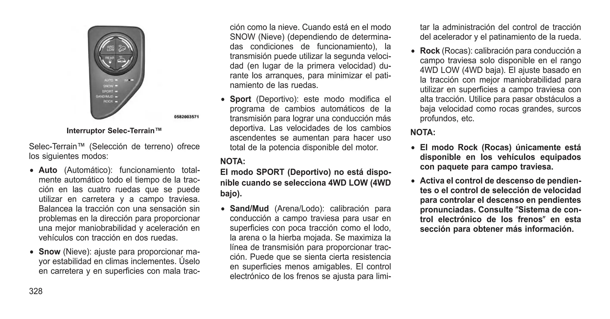 Selec-Terrain™ (Selección de terreno) ofrece
los siguientes modos:
• Auto (Automático): funcionamiento total-
mente automático todo el tiempo de la trac-
ción en las cuatro ruedas que se puede
utilizar en carretera y a campo traviesa.
Balancea la tracción con una sensación sin
problemas en la dirección para proporcionar
una mejor maniobrabilidad y aceleración en
vehículos con tracción en dos ruedas.
• Snow (Nieve): ajuste para proporcionar ma-
yor estabilidad en climas inclementes. Úselo
en carretera y en superficies con mala trac-
ción como la nieve. Cuando está en el modo
SNOW (Nieve) (dependiendo de determina-
das condiciones de funcionamiento), la
transmisión puede utilizar la segunda veloci-
dad (en lugar de la primera velocidad) du-
rante los arranques, para minimizar el pati-
namiento de las ruedas.
• Sport (Deportivo): este modo modifica el
programa de cambios automáticos de la
transmisión para lograr una conducción más
deportiva. Las velocidades de los cambios
ascendentes se aumentan para hacer uso
total de la potencia disponible del motor.
NOTA:
El modo SPORT (Deportivo) no está dispo-
nible cuando se selecciona 4WD LOW (4WD
bajo).
• Sand/Mud (Arena/Lodo): calibración para
conducción a campo traviesa para usar en
superficies con poca tracción como el lodo,
la arena o la hierba mojada. Se maximiza la
línea de transmisión para proporcionar trac-
ción. Puede que se sienta cierta resistencia
en superficies menos amigables. El control
electrónico de los frenos se ajusta para limi-
tar la administración del control de tracción
del acelerador y el patinamiento de la rueda.
• Rock (Rocas): calibración para conducción a
campo traviesa solo disponible en el rango
4WD LOW (4WD baja). El ajuste basado en
la tracción con mejor maniobrabilidad para
utilizar en superficies a campo traviesa con
alta tracción. Utilice para pasar obstáculos a
baja velocidad como rocas grandes, surcos
profundos, etc.
NOTA:
• El modo Rock (Rocas) únicamente está
disponible en los vehículos equipados
con paquete para campo traviesa.
• Activa el control de descenso de pendien-
tes o el control de selección de velocidad
para controlar el descenso en pendientes
pronunciadas. Consulte ⴖSistema de con-
trol electrónico de los frenosⴖ en esta
sección para obtener más información.
Interruptor Selec-Terrain™
328
 