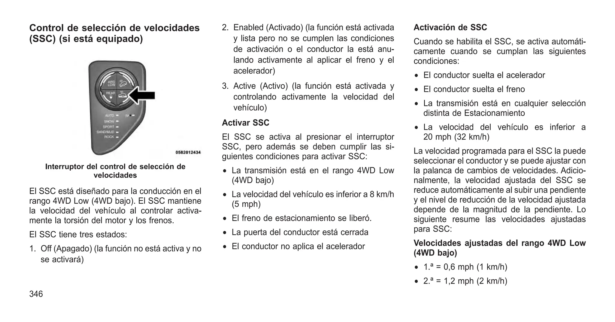Control de selección de velocidades
(SSC) (si está equipado)
El SSC está diseñado para la conducción en el
rango 4WD Low (4WD bajo). El SSC mantiene
la velocidad del vehículo al controlar activa-
mente la torsión del motor y los frenos.
El SSC tiene tres estados:
1. Off (Apagado) (la función no está activa y no
se activará)
2. Enabled (Activado) (la función está activada
y lista pero no se cumplen las condiciones
de activación o el conductor la está anu-
lando activamente al aplicar el freno y el
acelerador)
3. Active (Activo) (la función está activada y
controlando activamente la velocidad del
vehículo)
Activar SSC
El SSC se activa al presionar el interruptor
SSC, pero además se deben cumplir las si-
guientes condiciones para activar SSC:
• La transmisión está en el rango 4WD Low
(4WD bajo)
• La velocidad del vehículo es inferior a 8 km/h
(5 mph)
• El freno de estacionamiento se liberó.
• La puerta del conductor está cerrada
• El conductor no aplica el acelerador
Activación de SSC
Cuando se habilita el SSC, se activa automáti-
camente cuando se cumplan las siguientes
condiciones:
• El conductor suelta el acelerador
• El conductor suelta el freno
• La transmisión está en cualquier selección
distinta de Estacionamiento
• La velocidad del vehículo es inferior a
20 mph (32 km/h)
La velocidad programada para el SSC la puede
seleccionar el conductor y se puede ajustar con
la palanca de cambios de velocidades. Adicio-
nalmente, la velocidad ajustada del SSC se
reduce automáticamente al subir una pendiente
y el nivel de reducción de la velocidad ajustada
depende de la magnitud de la pendiente. Lo
siguiente resume las velocidades ajustadas
para SSC:
Velocidades ajustadas del rango 4WD Low
(4WD bajo)
• 1.ª = 0,6 mph (1 km/h)
• 2.ª = 1,2 mph (2 km/h)
Interruptor del control de selección de
velocidades
346
 