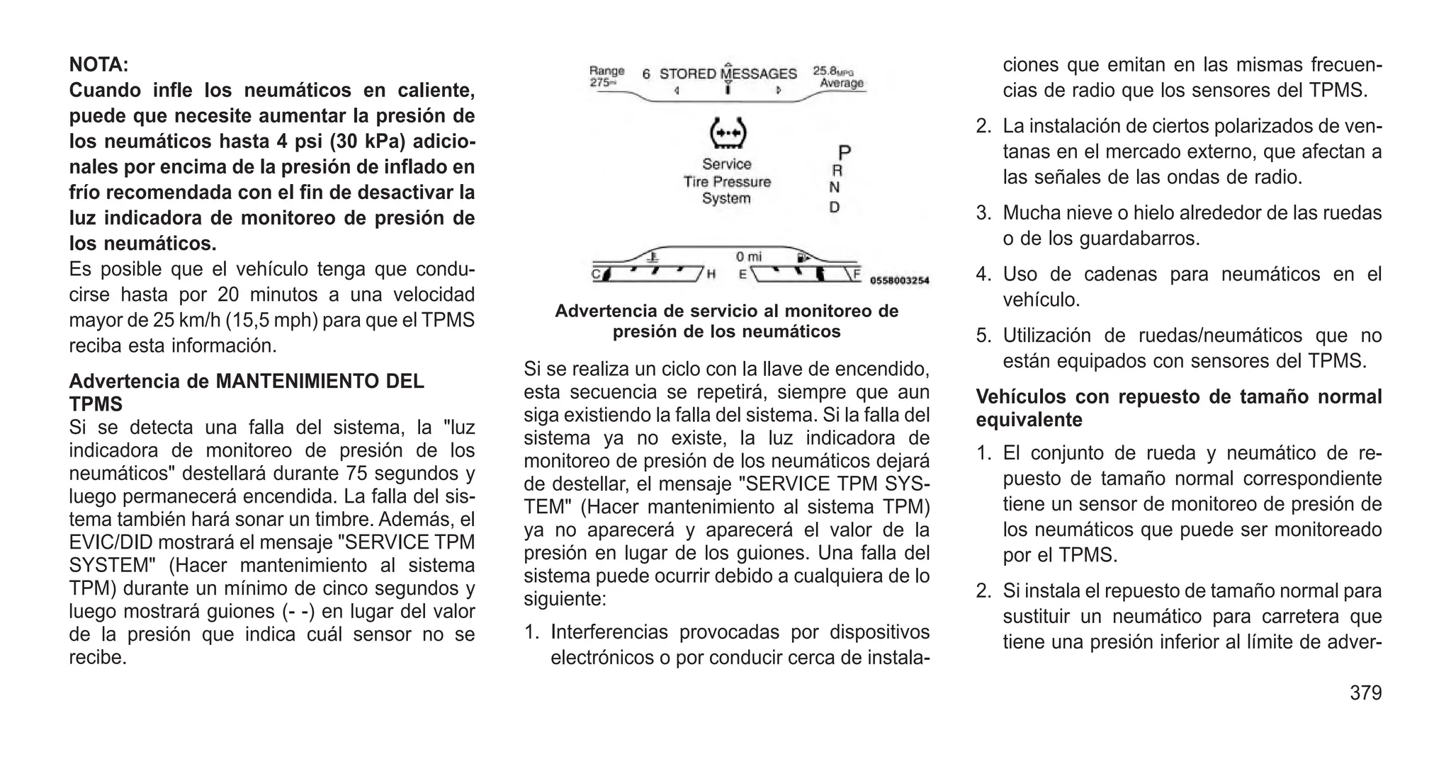 NOTA:
Cuando infle los neumáticos en caliente,
puede que necesite aumentar la presión de
los neumáticos hasta 4 psi (30 kPa) adicio-
nales por encima de la presión de inflado en
frío recomendada con el fin de desactivar la
luz indicadora de monitoreo de presión de
los neumáticos.
Es posible que el vehículo tenga que condu-
cirse hasta por 20 minutos a una velocidad
mayor de 25 km/h (15,5 mph) para que el TPMS
reciba esta información.
Advertencia de MANTENIMIENTO DEL
TPMS
Si se detecta una falla del sistema, la "luz
indicadora de monitoreo de presión de los
neumáticos" destellará durante 75 segundos y
luego permanecerá encendida. La falla del sis-
tema también hará sonar un timbre. Además, el
EVIC/DID mostrará el mensaje "SERVICE TPM
SYSTEM" (Hacer mantenimiento al sistema
TPM) durante un mínimo de cinco segundos y
luego mostrará guiones (- -) en lugar del valor
de la presión que indica cuál sensor no se
recibe.
Si se realiza un ciclo con la llave de encendido,
esta secuencia se repetirá, siempre que aun
siga existiendo la falla del sistema. Si la falla del
sistema ya no existe, la luz indicadora de
monitoreo de presión de los neumáticos dejará
de destellar, el mensaje "SERVICE TPM SYS-
TEM" (Hacer mantenimiento al sistema TPM)
ya no aparecerá y aparecerá el valor de la
presión en lugar de los guiones. Una falla del
sistema puede ocurrir debido a cualquiera de lo
siguiente:
1. Interferencias provocadas por dispositivos
electrónicos o por conducir cerca de instala-
ciones que emitan en las mismas frecuen-
cias de radio que los sensores del TPMS.
2. La instalación de ciertos polarizados de ven-
tanas en el mercado externo, que afectan a
las señales de las ondas de radio.
3. Mucha nieve o hielo alrededor de las ruedas
o de los guardabarros.
4. Uso de cadenas para neumáticos en el
vehículo.
5. Utilización de ruedas/neumáticos que no
están equipados con sensores del TPMS.
Vehículos con repuesto de tamaño normal
equivalente
1. El conjunto de rueda y neumático de re-
puesto de tamaño normal correspondiente
tiene un sensor de monitoreo de presión de
los neumáticos que puede ser monitoreado
por el TPMS.
2. Si instala el repuesto de tamaño normal para
sustituir un neumático para carretera que
tiene una presión inferior al límite de adver-
Advertencia de servicio al monitoreo de
presión de los neumáticos
379
 