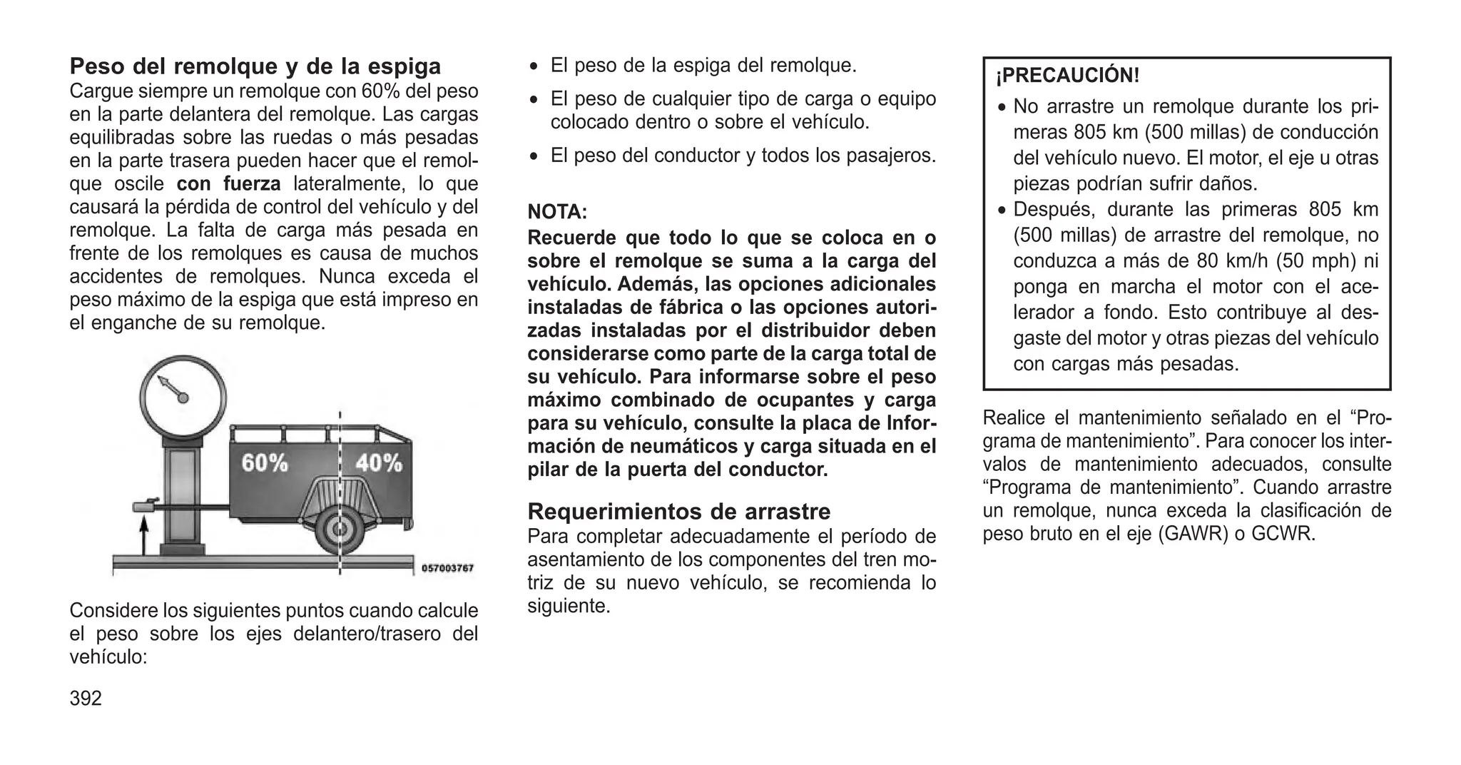 Peso del remolque y de la espiga
Cargue siempre un remolque con 60% del peso
en la parte delantera del remolque. Las cargas
equilibradas sobre las ruedas o más pesadas
en la parte trasera pueden hacer que el remol-
que oscile con fuerza lateralmente, lo que
causará la pérdida de control del vehículo y del
remolque. La falta de carga más pesada en
frente de los remolques es causa de muchos
accidentes de remolques. Nunca exceda el
peso máximo de la espiga que está impreso en
el enganche de su remolque.
Considere los siguientes puntos cuando calcule
el peso sobre los ejes delantero/trasero del
vehículo:
• El peso de la espiga del remolque.
• El peso de cualquier tipo de carga o equipo
colocado dentro o sobre el vehículo.
• El peso del conductor y todos los pasajeros.
NOTA:
Recuerde que todo lo que se coloca en o
sobre el remolque se suma a la carga del
vehículo. Además, las opciones adicionales
instaladas de fábrica o las opciones autori-
zadas instaladas por el distribuidor deben
considerarse como parte de la carga total de
su vehículo. Para informarse sobre el peso
máximo combinado de ocupantes y carga
para su vehículo, consulte la placa de Infor-
mación de neumáticos y carga situada en el
pilar de la puerta del conductor.
Requerimientos de arrastre
Para completar adecuadamente el período de
asentamiento de los componentes del tren mo-
triz de su nuevo vehículo, se recomienda lo
siguiente.
¡PRECAUCIÓN!
• No arrastre un remolque durante los pri-
meras 805 km (500 millas) de conducción
del vehículo nuevo. El motor, el eje u otras
piezas podrían sufrir daños.
• Después, durante las primeras 805 km
(500 millas) de arrastre del remolque, no
conduzca a más de 80 km/h (50 mph) ni
ponga en marcha el motor con el ace-
lerador a fondo. Esto contribuye al des-
gaste del motor y otras piezas del vehículo
con cargas más pesadas.
Realice el mantenimiento señalado en el “Pro-
grama de mantenimiento”. Para conocer los inter-
valos de mantenimiento adecuados, consulte
“Programa de mantenimiento”. Cuando arrastre
un remolque, nunca exceda la clasificación de
peso bruto en el eje (GAWR) o GCWR.
392
 
